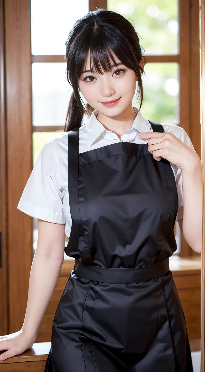 (highest quality,masterpiece:1.3,Ultra-high resolution,),(Very detailed,Caustics),(Realistic:1.4,RAW shooting,)Ultra-Realistic Capture,Very detailed,High resolution 16K human skin closeup。 Natural skin texture、,pores、、、、It must be detailed enough to be easily identifiable。 Skin tone is even and healthy looking。 Use natural light and color,restaurant,Waitress Uniform,1 girl,Japanese,18-year-old,cute,Black-haired,ponytail,Big Breasts,smile,Turn your body forward,(Front view:1.1),Looking into the camera,Cowboy Shot,