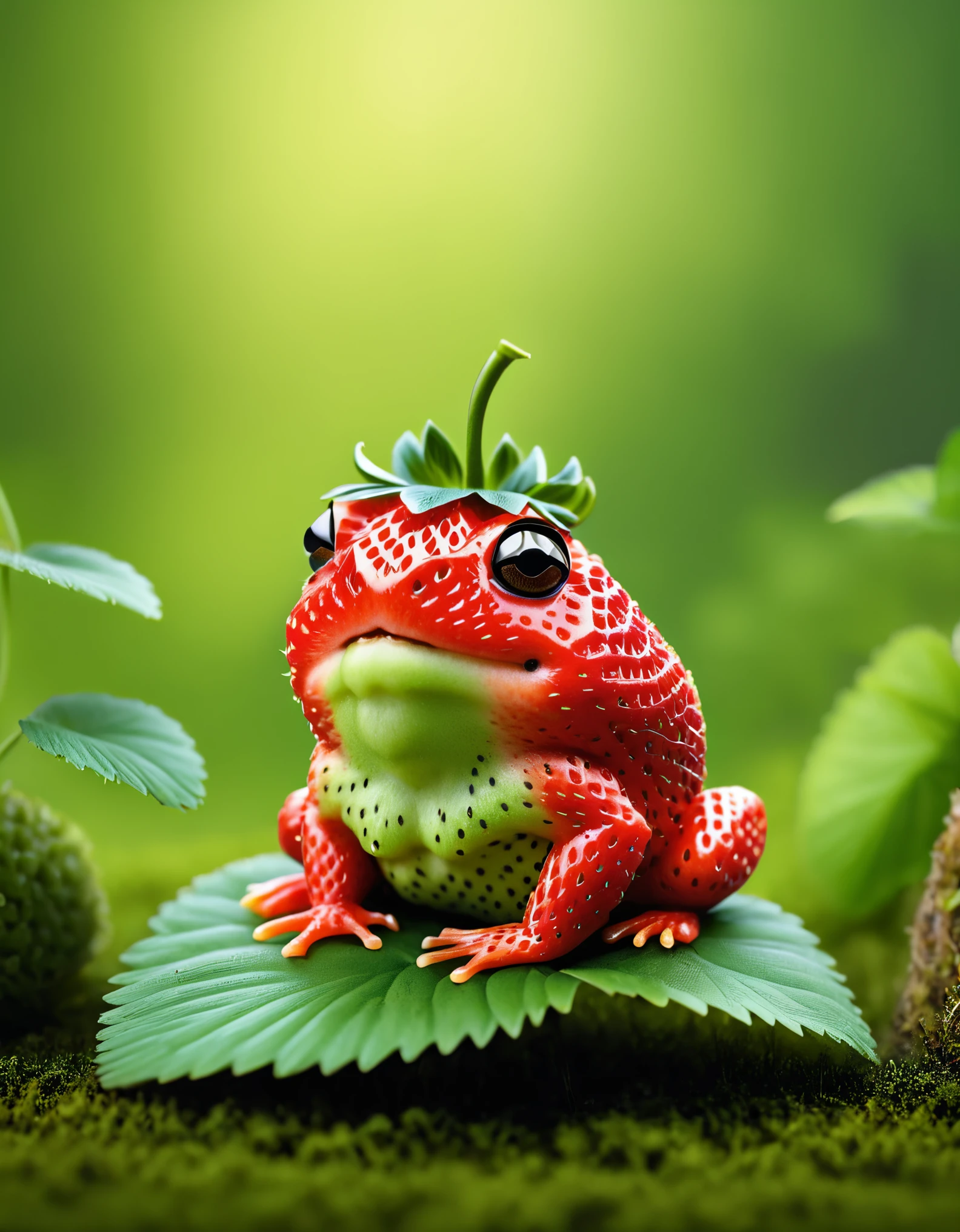  strwbrrxl, detailed realistic close up of a strawberry shaped like a cute frog, sitting, fantasy forest background,  natural light, strwbrrxl
