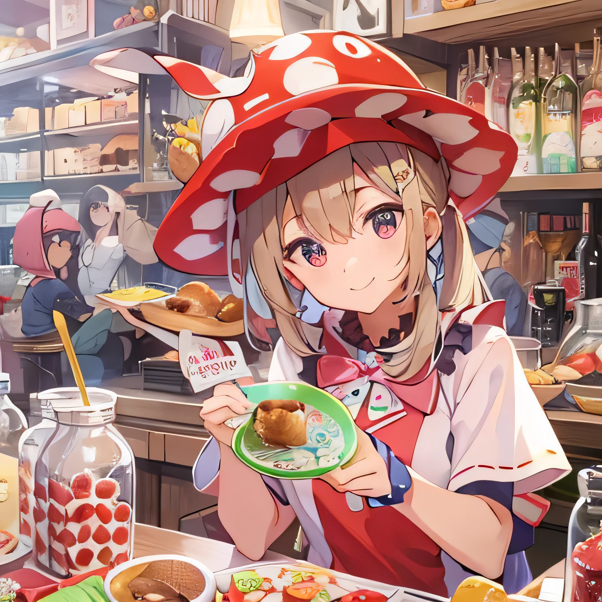 highest quality、 Super quality、 16k、 Very detailed、beautifully、aesthetic:1.2)、Red and white spotted pattern々A pretty 21 year old girl working at the counter of a millinery shop selling stylish hats、Shy smile、Wears a red and white spotted mushroom-shaped hat、Wearing a red and white spotted mushroom-shaped apron