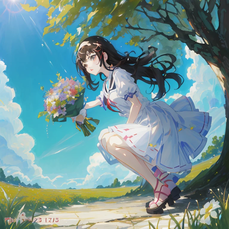Flowers in hand、Anime girl kneeling against the background of a tree, Anime visuals of cute girls, the anime girl is running, carrying flowers, Official art, in a sunny day, ( ( By Shinkai Makoto ) ), anime moe art style, guweiz on pixiv artstation, official artwork, Smooth Anime CG Art, Rin, guweiz