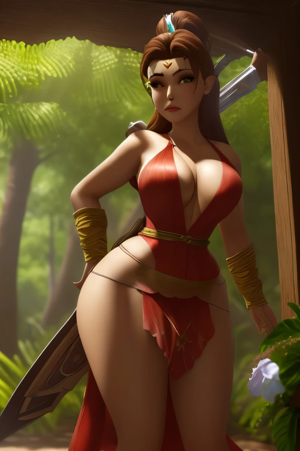 obra maestra, 8K, perfect lighting, , Adulto, femenino, tiro de vaquero, mirando al espectador, arm behind the back, cinematic lighting, Rosetta, (RosettaWaifu:1.1), Cabello rizado en las puntas, (vestido:1.8), (alas de hada extra largas), Alas largas, ropa rosa, clothes made of petals, Brown hair, (orejas puntiagudas), (ojos detallados), ojos verdes, ojos esmeralda, encogido, Morder o lamer el labio superior,  Rubor,  polvo de hadas, selva, tree house,  