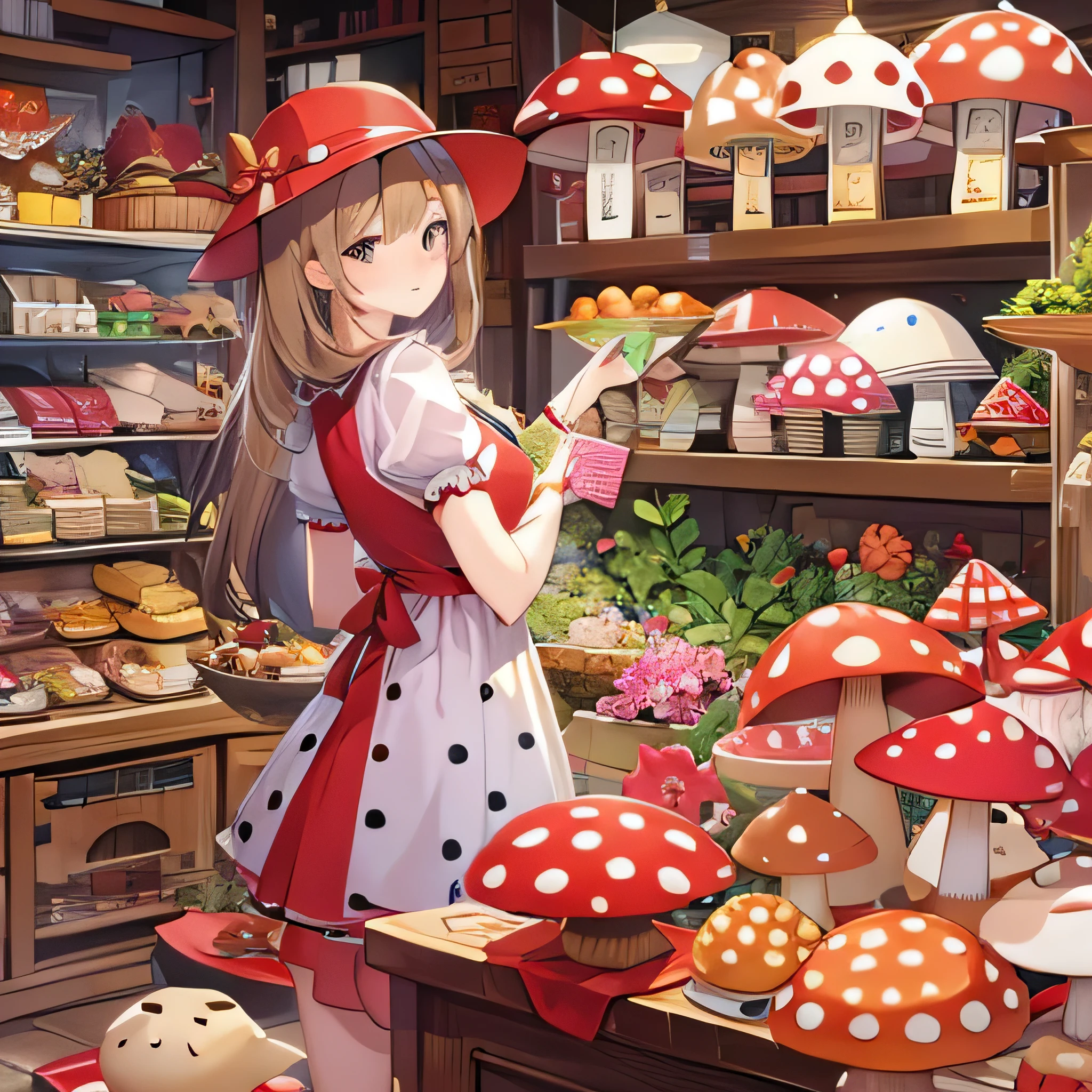 highest quality、 Super quality、 16k、 Very detailed、beautifully、aesthetic:1.2)、Red and white spotted pattern々A pretty 21 year old girl working at the counter of a millinery shop selling stylish hats、Shy smile、Wears a red and white spotted mushroom-shaped hat、Wearing a red and white spotted mushroom-shaped apron