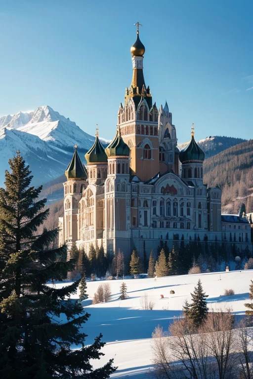 Immaculate Russian style castle. in a green field, with Alaskan pine trees, and snowy mountains in the background