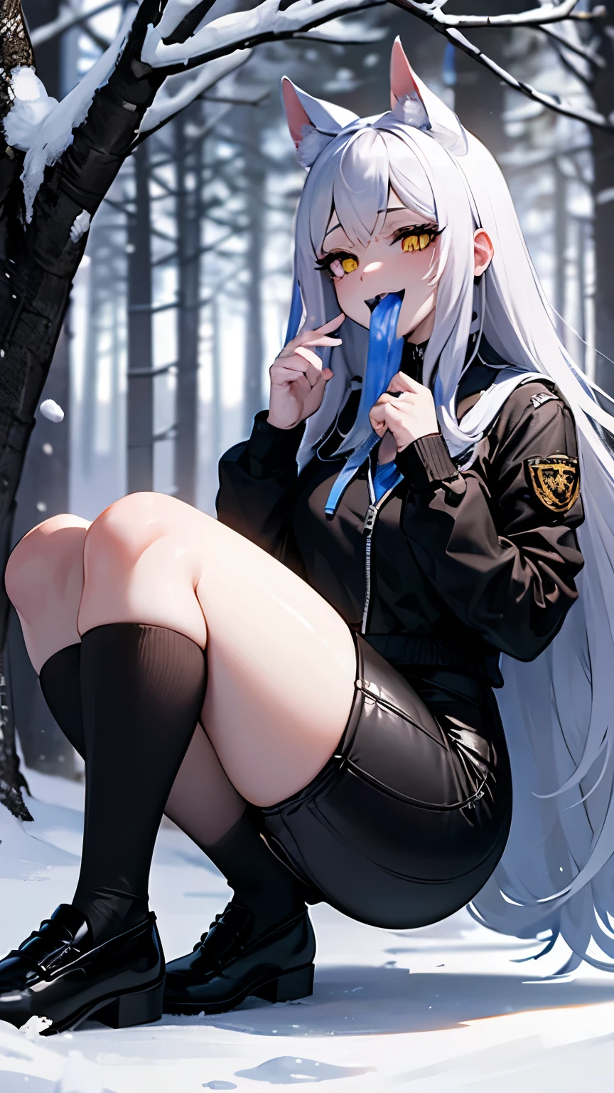 
A mature woman, with yellow eyes, white skin. Her mouth is open, she have a long tongue, dog tongue, canine tongue smirk mouth open, tongue out, long tongue, blue tongue. Her clothes are white, she have a shite jacket. Snow, winter, forest. FULL BODY