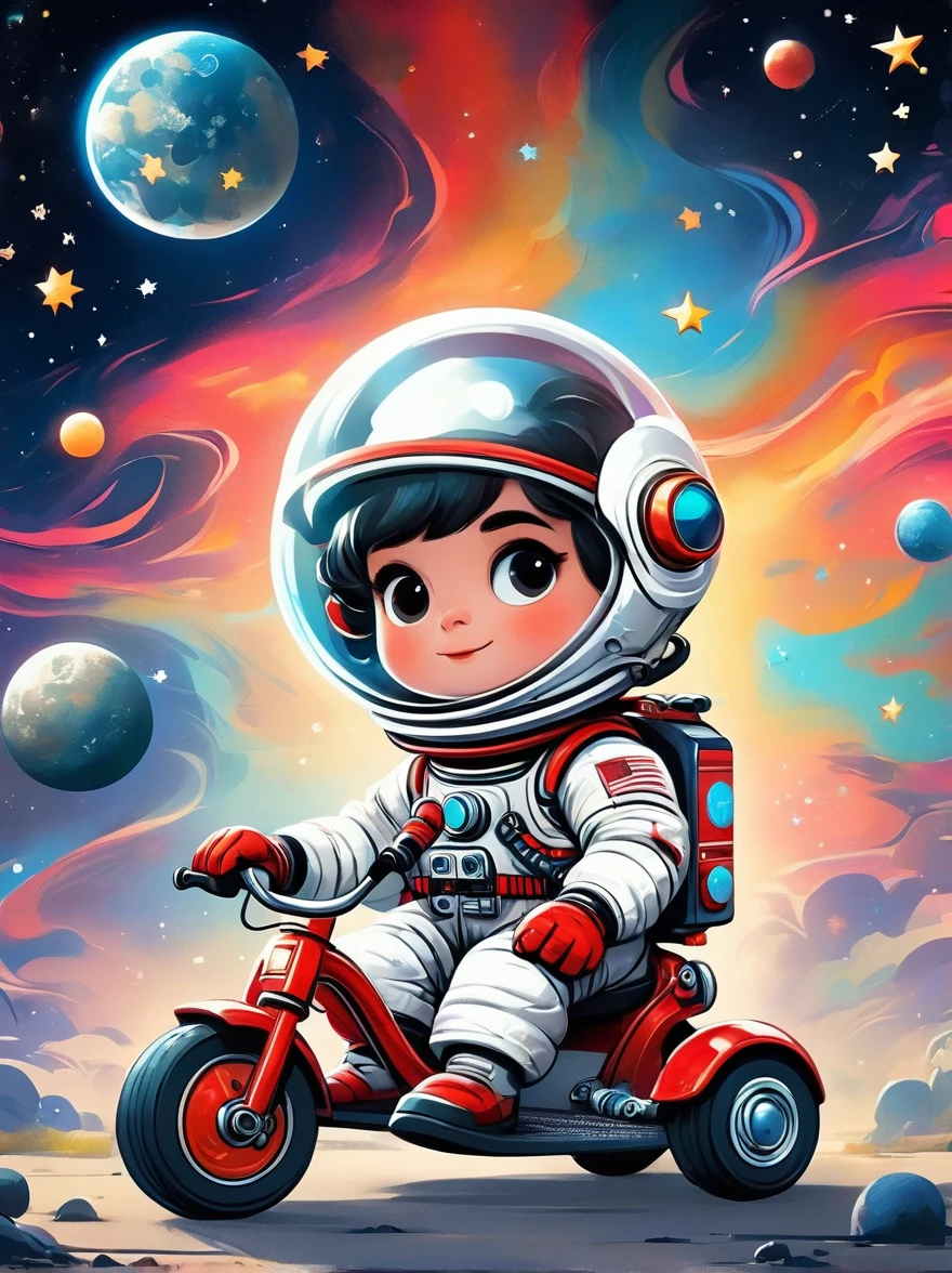 Cartoon graffiti characters，Vector illustration，cinematic film still A visually striking chibi-style astronaut is depicted with remarkable detail, wearing a black tinted visor and a crisp white suit with red straps. This adorable hero is captured riding on a child's tricycle with big grippy tires, exploring the surface of the moon. The background showcases a delightful galaxy filled with stars and cosmic wonder. This conceptual art piece blends anime, photography, illustration, and typography to create a whimsical and imaginative portrayal of space exploration，Add whimsy to the scene，1xhsn1