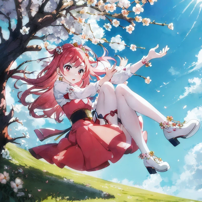 Anime girl in red dress sitting on tree branch, sakura petals around her, spring day, Haruno Sakura, mana in the air, Trending on ArtStation pixiv, kinomoto sakura, Anime art wallpaper 8k, anime style 4 k, High quality anime art style, Anime Art, beautiful fantasy anime, anime wallaper, anime fantasy illustration