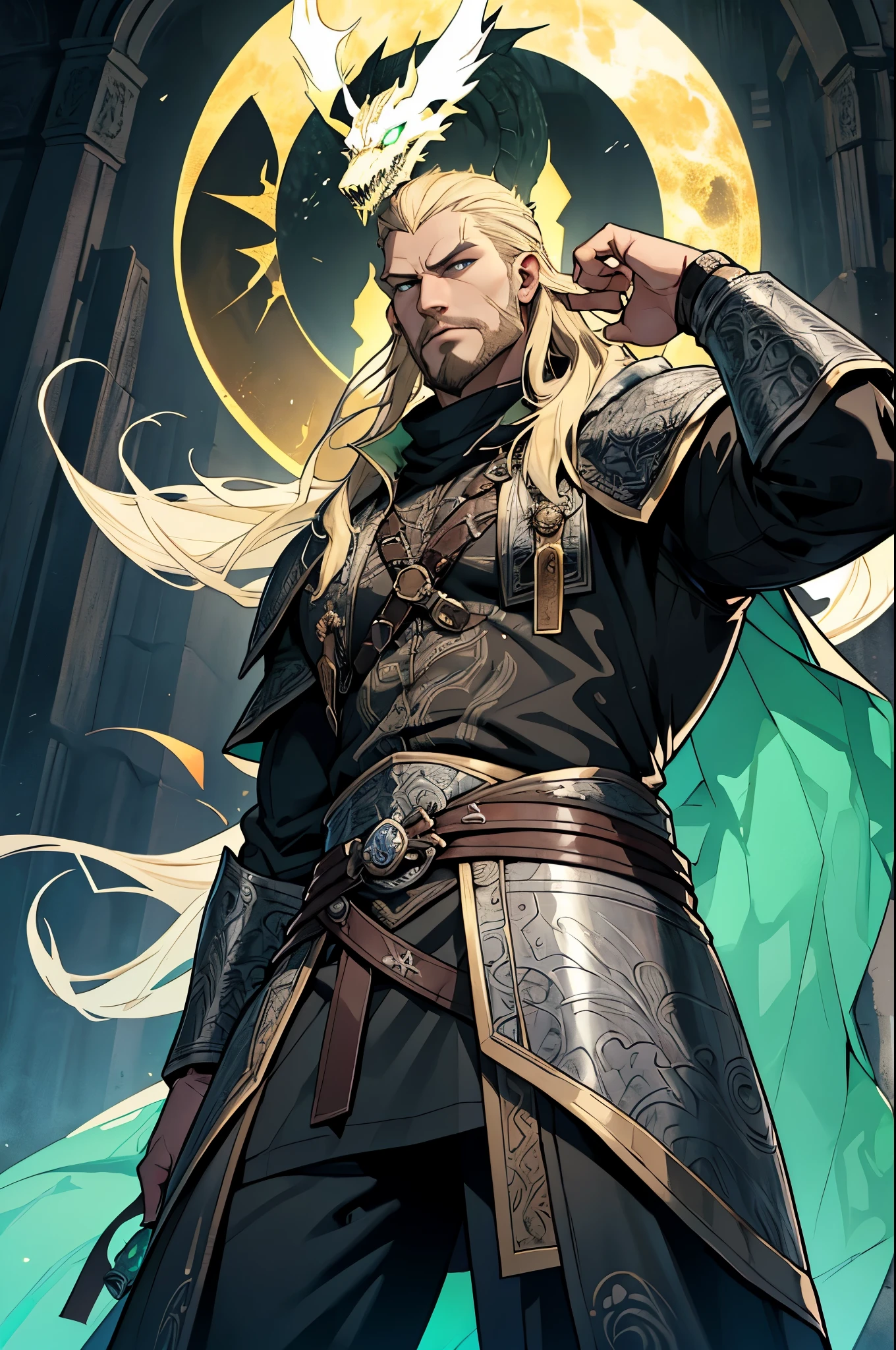 Draw Ragnar Bjornsson (Jormungandr) in a regal and commanding pose. He stands tall with an aura of dark, serpentine energy glowing intensely around him. His leather and metal armor with snake motifs, wolf fur cloak, and rune-engraved accessories add to his majestic and intimidating appearance. His long blond hair and intense green eyes emphasize his powerful and dominant presence, reflecting his mythic abilities and noble heritage.