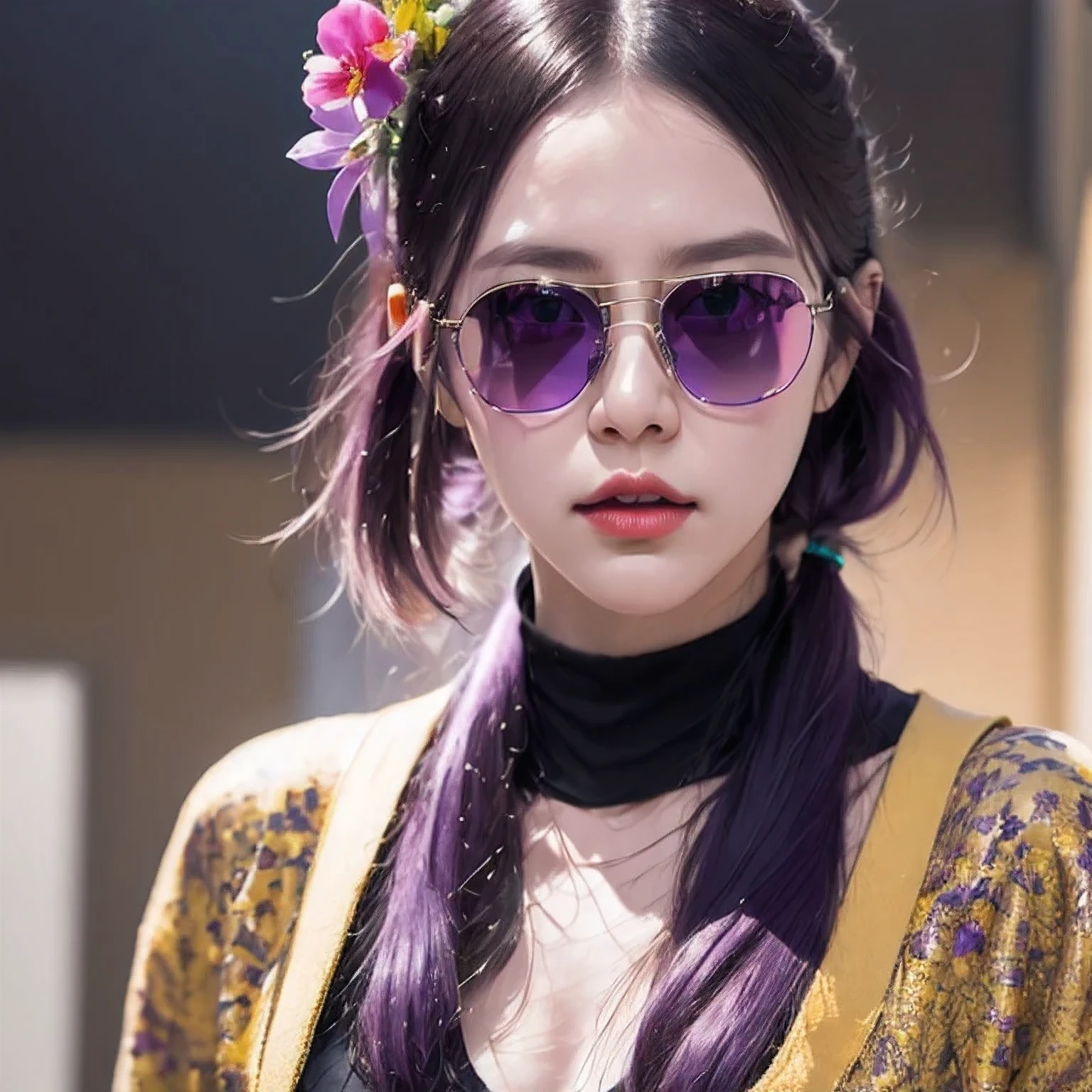 🌺 wearing a purple outfit and sunglasses with a purple choke, trending on cgstation, artwork in the style of guweiz, inspired by Yanjun Cheng, guweiz, deviantart artstation cgscosiety, 🌺 cgsociety, 3 d render character art 8 k, g 🌺 art style, inspired by Feng 🌺,sunglasses,（（Imperial Green Emerald Desert Windproof Sunglasses））🌺🌺🌺🌺🌺🌺🌺🌺🌺