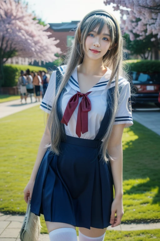 ultra-detailed,highly detailed,best quality,masterpiece,illustration,realistic,photorealistic,
clannad, hikarizaka private high , summer uniform, 
1girl, solo, cosplay, 
serafuku, short sleeves shirt, sailor collar, suspender skirt, thighhighs, neck ribbon, 
bangs, hair ornament, very long hair, grey hair, hairband,
looking at viewer, standing, cowboy shot, 
outdoors, photo background, plant, day, cherry blossoms, falling petals, wind,
((perfect eyes, detailed eyes,realistic eyes)), ((sharp face, detailed face, realistic face, natural skin, realistic skin, detailed skin, pores)), ((perfect body, detailed body, realistic body, big proportions)) 