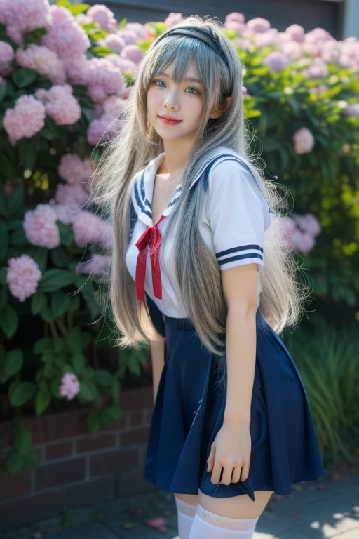 ultra-detailed,highly detailed,best quality,masterpiece,illustration,realistic,photorealistic,
clannad, hikarizaka private high , summer uniform, 
1girl, solo, cosplay, 
serafuku, short sleeves shirt, sailor collar, suspender skirt, thighhighs, neck ribbon, 
bangs, hair ornament, very long hair, grey hair, hairband,
looking at viewer, standing, cowboy shot, 
outdoors, photo background, plant, day, cherry blossoms, falling petals, wind,
((perfect eyes, detailed eyes,realistic eyes)), ((sharp face, detailed face, realistic face, natural skin, realistic skin, detailed skin, pores)), ((perfect body, detailed body, realistic body, big proportions)) 