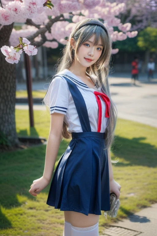 ultra-detailed,highly detailed,best quality,masterpiece,illustration,realistic,photorealistic,
clannad, hikarizaka private high , summer uniform, 
1girl, solo, cosplay, 
serafuku, short sleeves shirt, sailor collar, suspender skirt, thighhighs, neck ribbon, 
bangs, hair ornament, very long hair, grey hair, hairband,
looking at viewer, standing, cowboy shot, 
outdoors, photo background, plant, day, cherry blossoms, falling petals, wind,
((perfect eyes, detailed eyes,realistic eyes)), ((sharp face, detailed face, realistic face, natural skin, realistic skin, detailed skin, pores)), ((perfect body, detailed body, realistic body, big proportions)) 