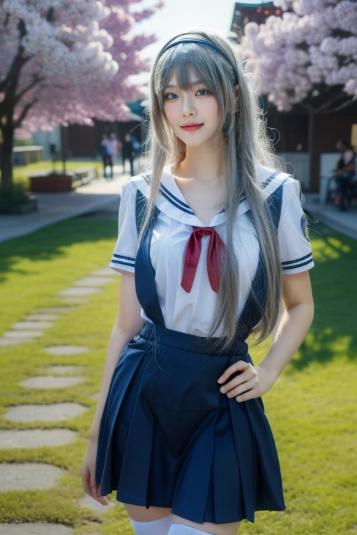 ultra-detailed,highly detailed,best quality,masterpiece,illustration,realistic,photorealistic,
clannad, hikarizaka private high , summer uniform, 
1girl, solo, cosplay, 
serafuku, short sleeves shirt, sailor collar, suspender skirt, thighhighs, neck ribbon, 
bangs, hair ornament, very long hair, grey hair, hairband,
looking at viewer, standing, cowboy shot, 
outdoors, photo background, plant, day, cherry blossoms, falling petals, wind,
((perfect eyes, detailed eyes,realistic eyes)), ((sharp face, detailed face, realistic face, natural skin, realistic skin, detailed skin, pores)), ((perfect body, detailed body, realistic body, big proportions)) 