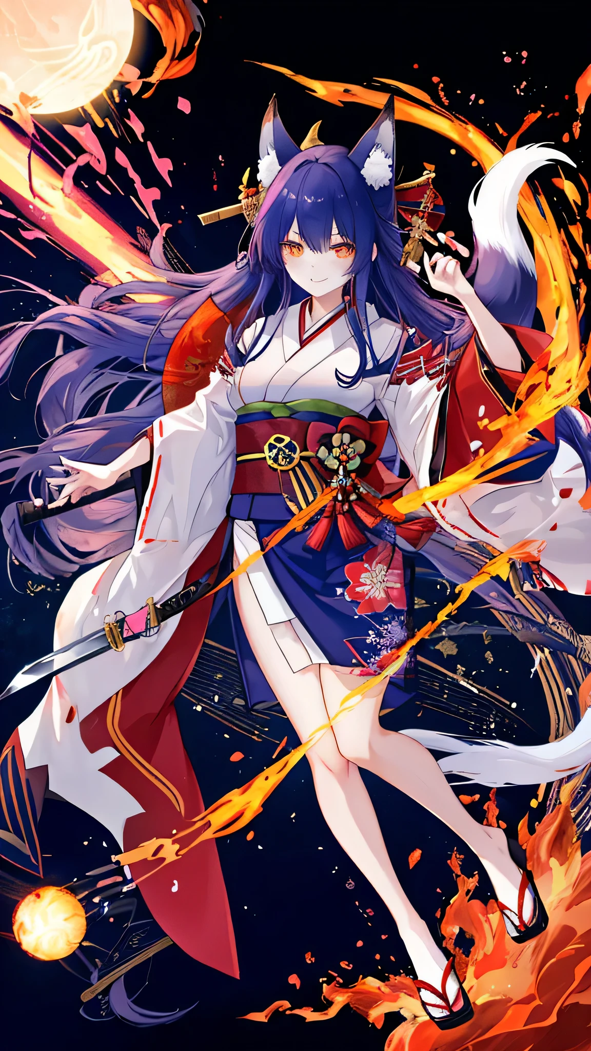 “A full-body illustration of a fox girl wearing a fox mask and a traditional kimono. She has long, navy blue hair that flows down to her waist. A Japanese sword is sheathed at her waist. In the background, ethereal fireballs float, illuminating the scene. The image should be high resolution and capture the intricate details of her attire, fox features, and surroundings.”