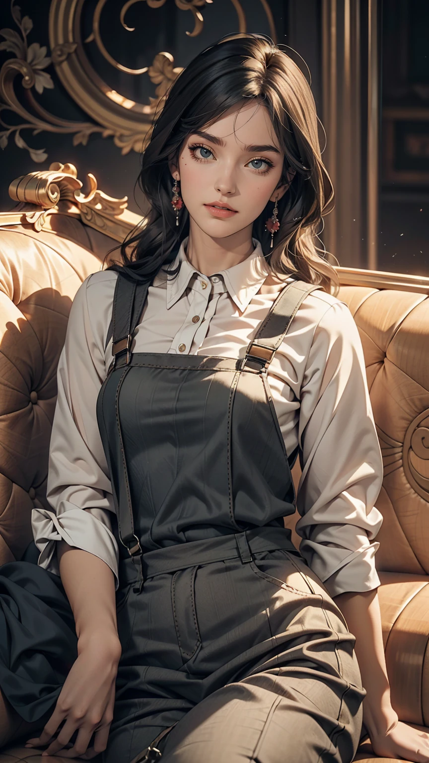 Mature woman lying on sofa, Big black wavy hair, Wear suspenders, Plump figure, Delicate facial features, Realistic image quality, Asian Woman, Age: Approximately 40 years old, Surreal