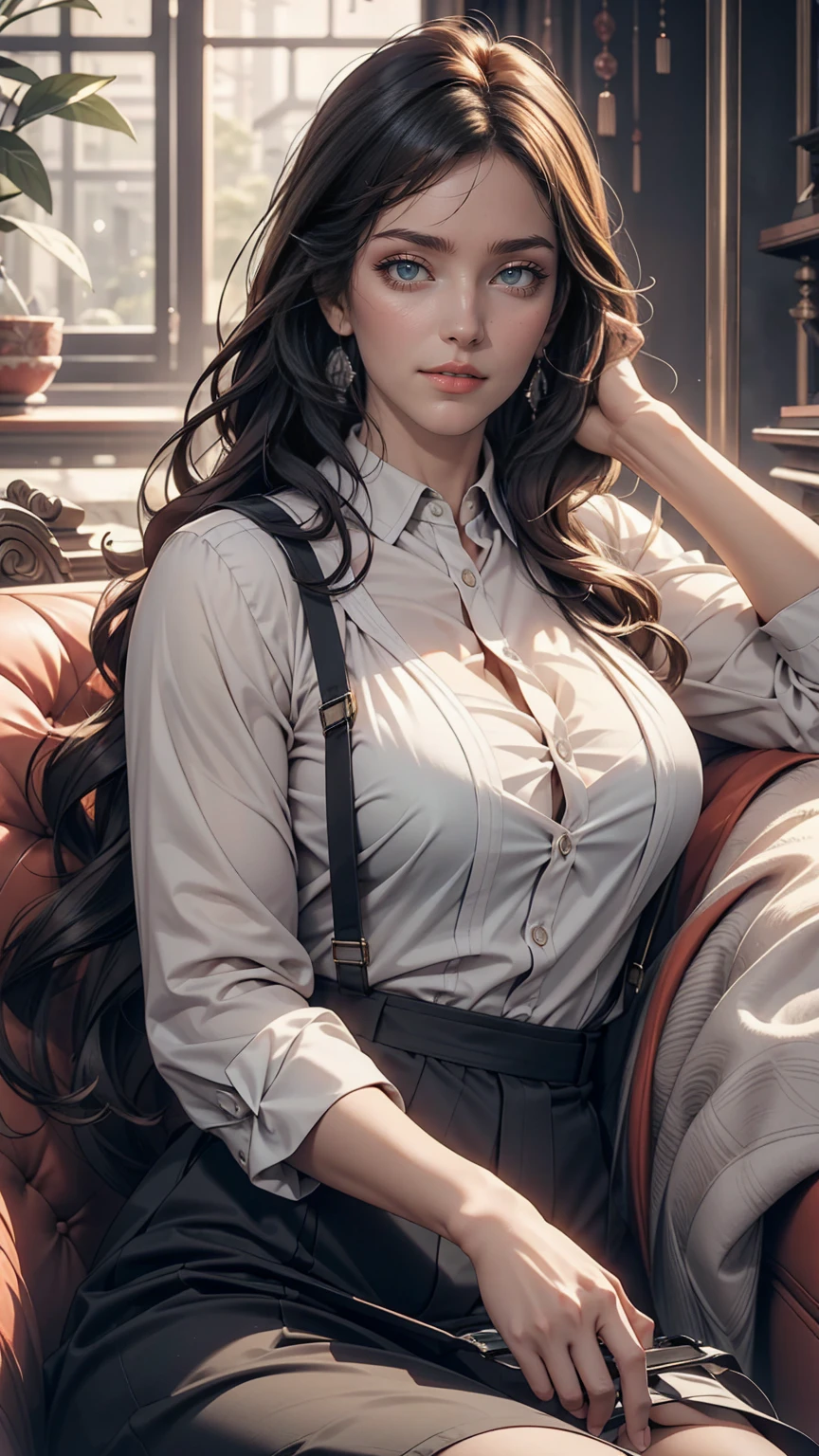 Mature woman lying on sofa, Big black wavy hair, Wear suspenders, Plump figure, Delicate facial features, Realistic image quality, Asian Woman, Age: Approximately 40 years old, Surreal