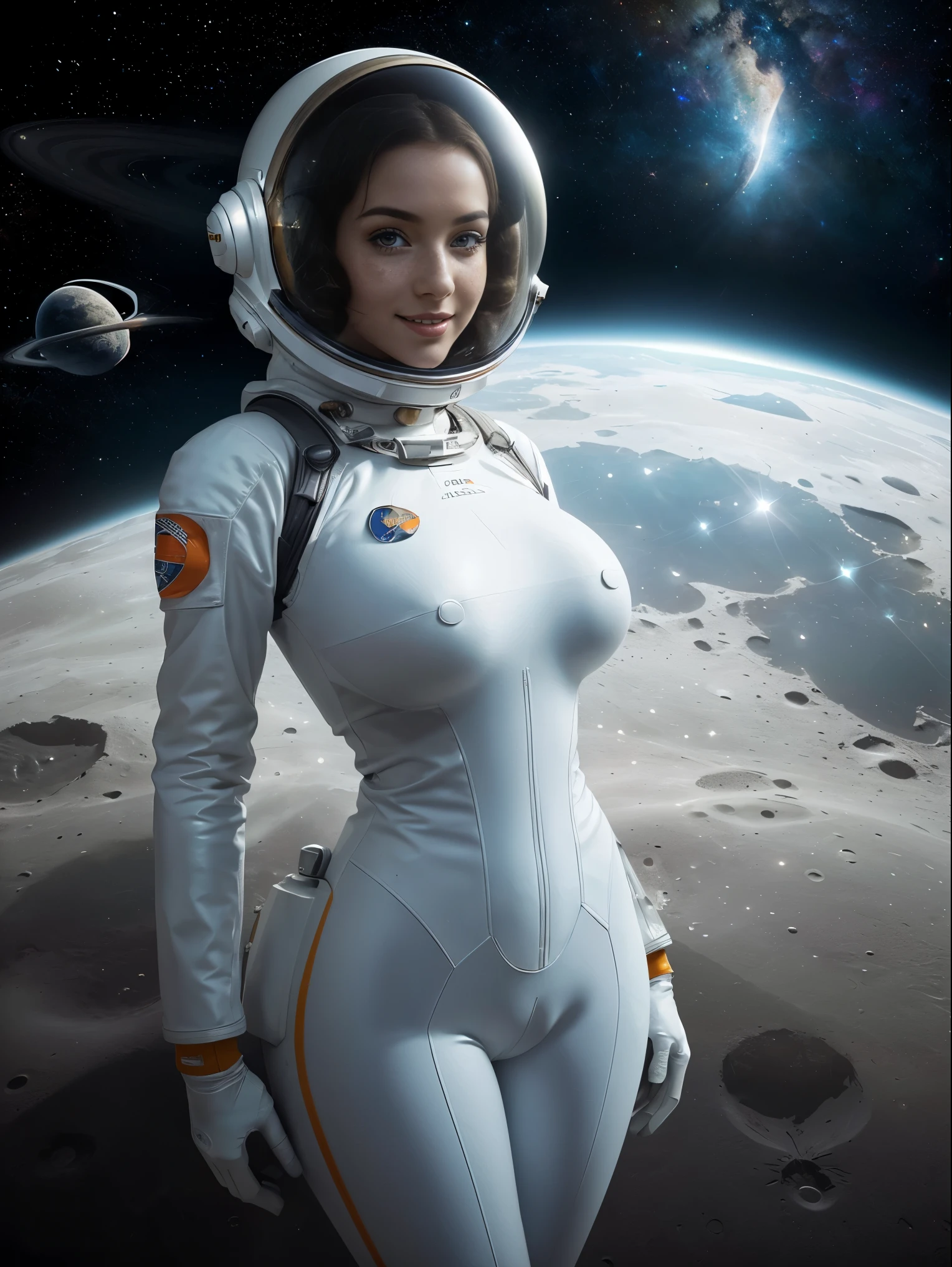 (masterpiece, top quality, best quality, official art, beautiful and aesthetic:1.2), (1girl:1.3), light freckles, fair skin, extremely detailed, portrait, looking at viewer, solo, (full body:0.6), detailed background, close up, (bright space pinup theme:1.1), busty 1950's pinup brunette space girl, charlatan, smiling, happy, mysterious, spacewalk, modest attire, white and orange space suit, spacesuit, helmet, bodysuit, ray gun, long boots, pouches, jetpack, glass helmet, rocket ship, ((((space helmet, narrow hips, slim sexy body, gigantic breasts)))), slim waist, slim hips, long legs, futuristic (lunar surface, on the moon, moon exterior:1.1) background, dark mysterious lighting, shadows, magical atmosphere, dutch angle,