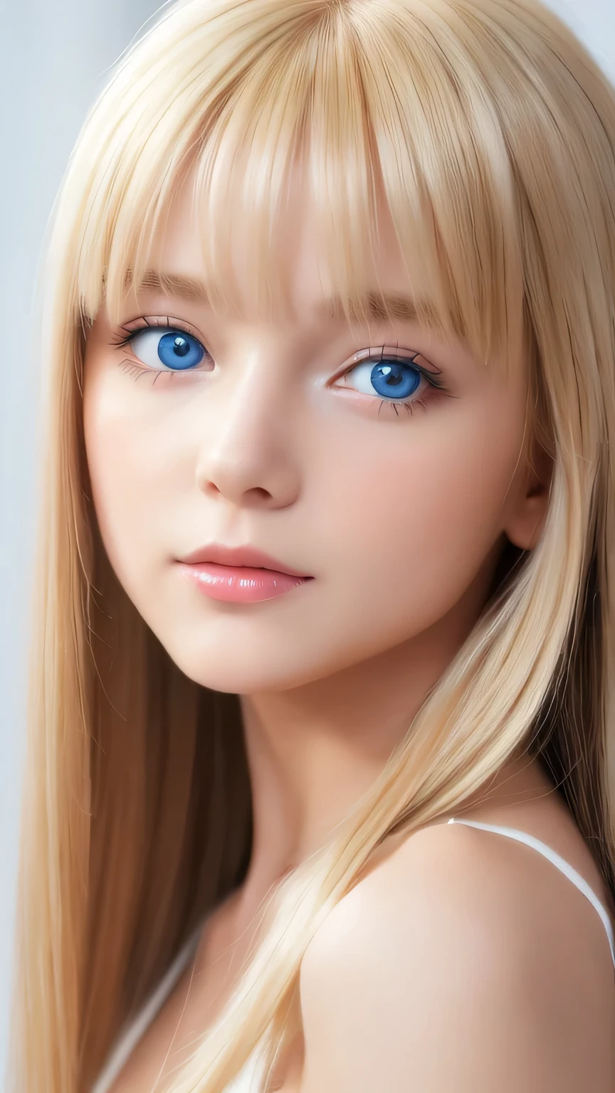 Face focus, Crazy for love, 14 years old , Frilled Summer Dress, Very beautiful blonde Scandinavian girl, Very white and shiny skin、Overwhelmingly beautiful, Beautiful shiny super long straight blonde silky hair、Blonde bangs over the eyes、Blonde hair over one eye、Blonde hair between the eyes、Has cleavage, Arms behind head, Low contrast, (Shy and cheerful expression:0.8), Hair Scrunchie, highest quality, Ultra-high resolution, Realistic photos, Very detailed, 8K, Raw photo, Perfect Anatomy、so beautiful, The Shining, Very bright light blue eyes、Very big eyes、Small Face Beauty