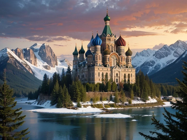 Immaculate Russian style castle. in a green field, with Alaskan pine trees, and snowy mountains in the background