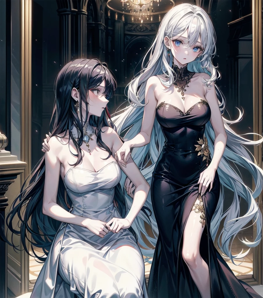 (((yuri))), (((2 girls))), ((evening dress, strapless)), absurdres, RAW photo, extremely delicate and beautiful, masterpiece, Best Quality, ultra high resolution, 32k, hyperrealistic, ultra-detailed, detailed description, perfect anatomy, pale skin, 20 years old, detailed beautiful face and eyes, tearful mole, earring, short medium hair, wavy hair, random colored hair, full body shot, colossal tits,