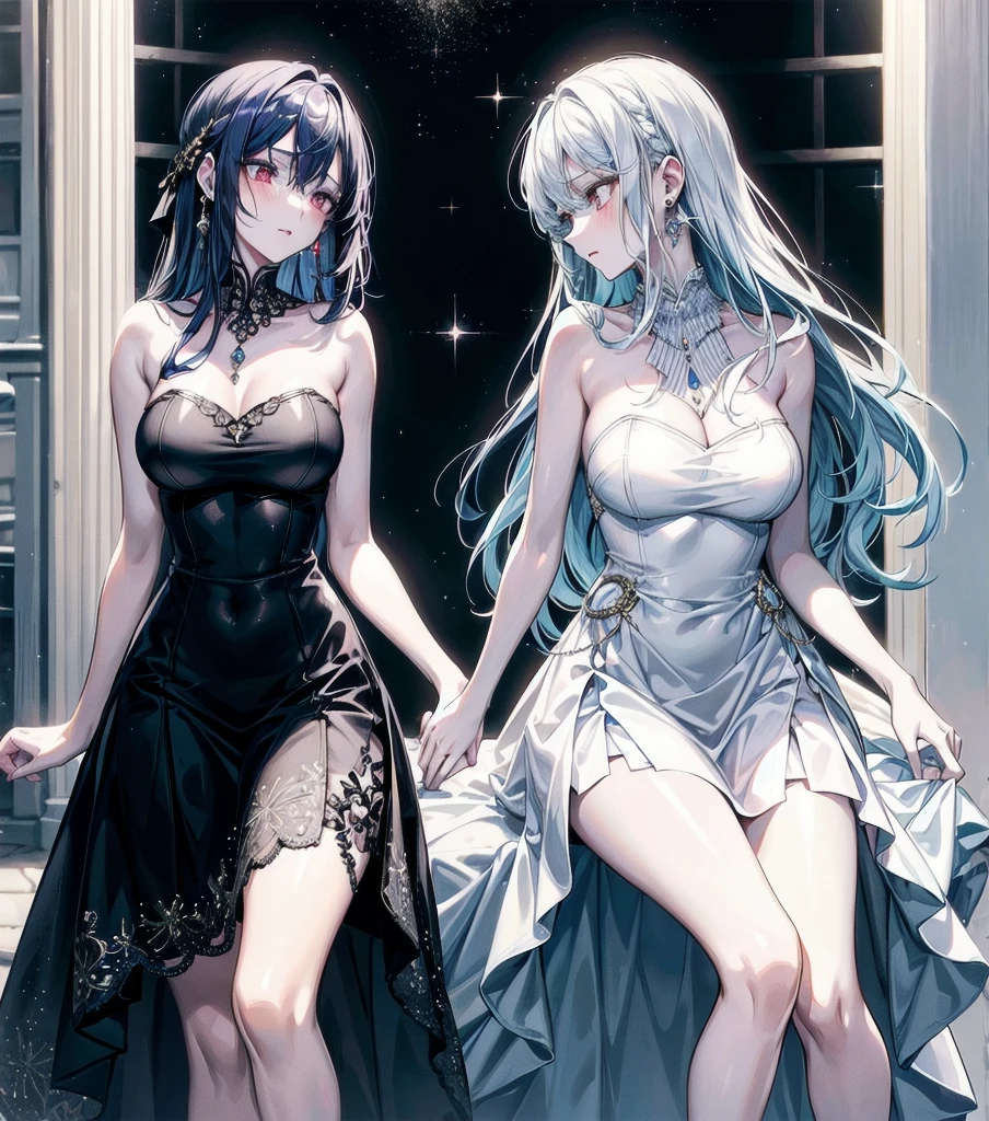 (((yuri))), (((2 girls))), ((evening dress, strapless)), absurdres, RAW photo, extremely delicate and beautiful, masterpiece, Best Quality, ultra high resolution, 32k, hyperrealistic, ultra-detailed, detailed description, perfect anatomy, pale skin, 20 years old, detailed beautiful face and eyes, tearful mole, earring, short medium hair, wavy hair, random colored hair, full body shot, colossal tits, 