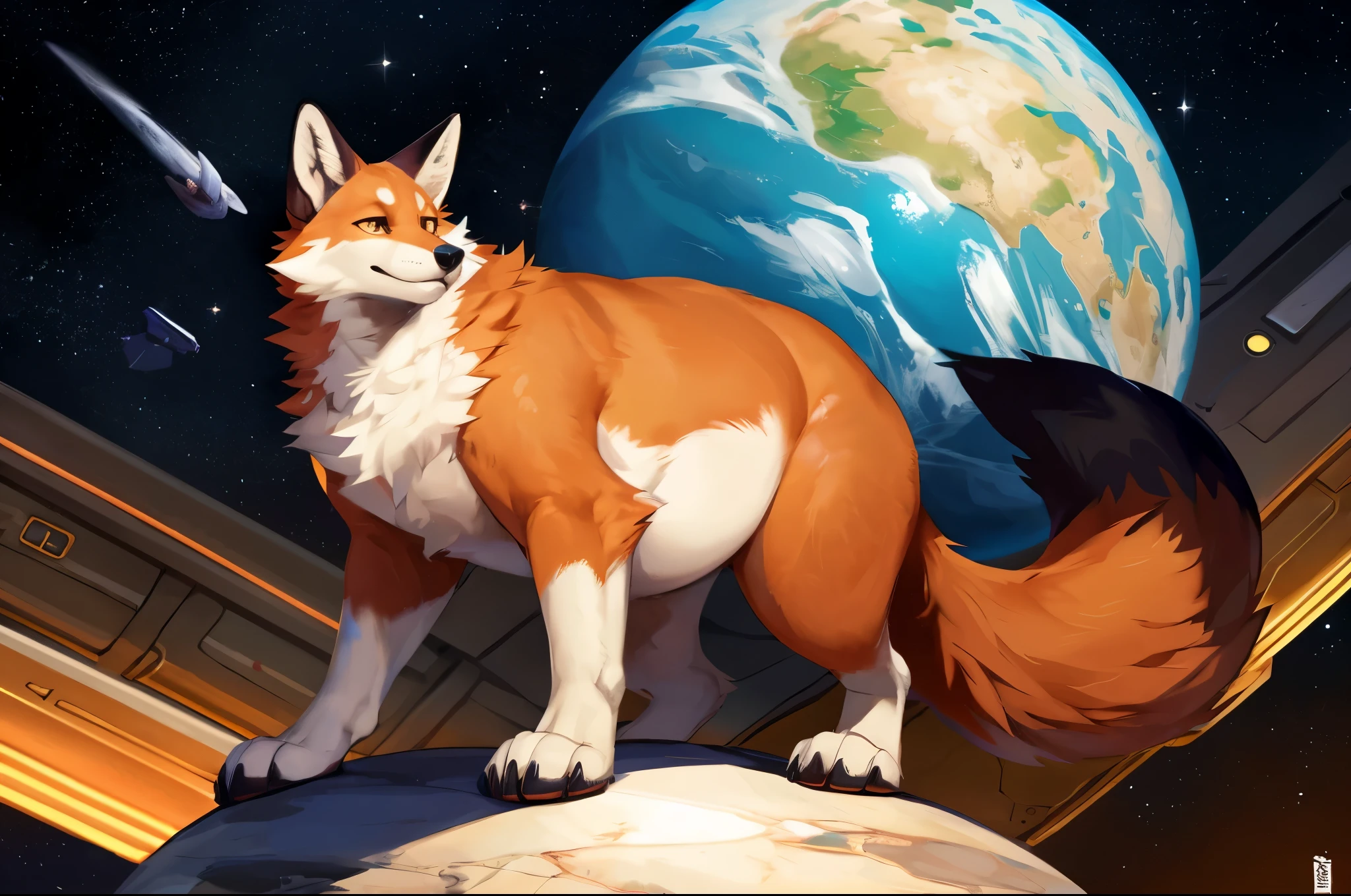 4k ultra quality, 4k full body view,(ultra high detailed body),((feral)) fox,by mystikfox61, by glitter trap boy,feral paws, by bebebebebe,by morethreedee, by seibear,(thick thigh),(chubby thigh),thicc thigh,thick legs,chubby legs,thicc legs,massive butt,enomorous thigh,massive thigh,massive legs,thick lower legs,wide legs,(detailed thigh),(wide thigh),fluffy belly sharp nails,((sfw)),(ultra detailed face),detailed eyes,big tail,fluffy tail,(detailed tail),enomorous tail,bigger tail,huge tail,volumetric light,big paws,(thick paws),fluffy paws,furry paws,enomorous paws,(feral focus), beast,(bigger lower body),(long legs),master works, super fine, 4k resolution, high quality,high picture detail,dark fantasy,illusory engine, Masterpiece,front view,dire fox,faint lighting,macro (feral) body,enomorous belly,chubby (feral) body,on a planet,in space