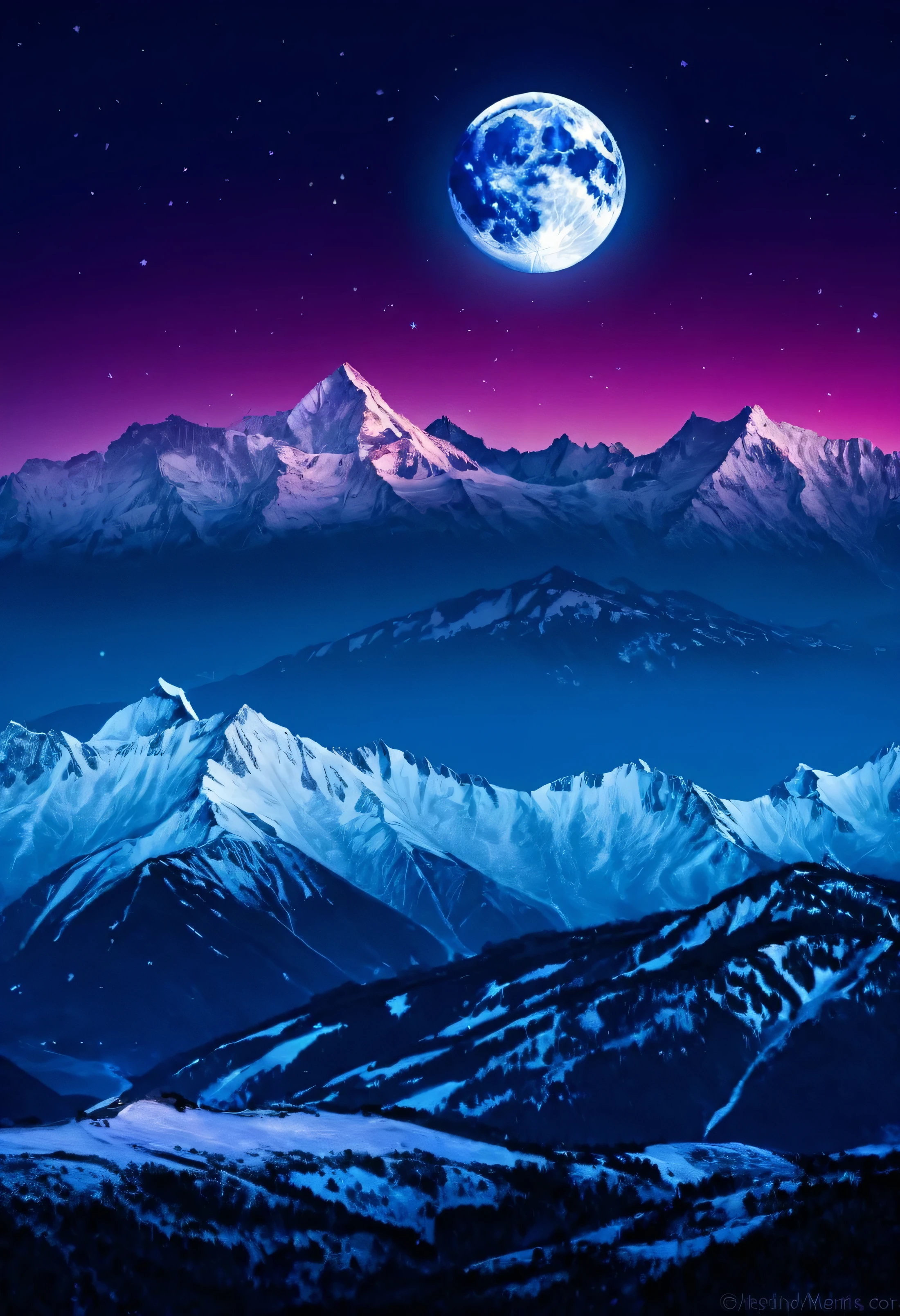 Snow Mountains, con la luna llena y con colores morado y azul de noche difuminado