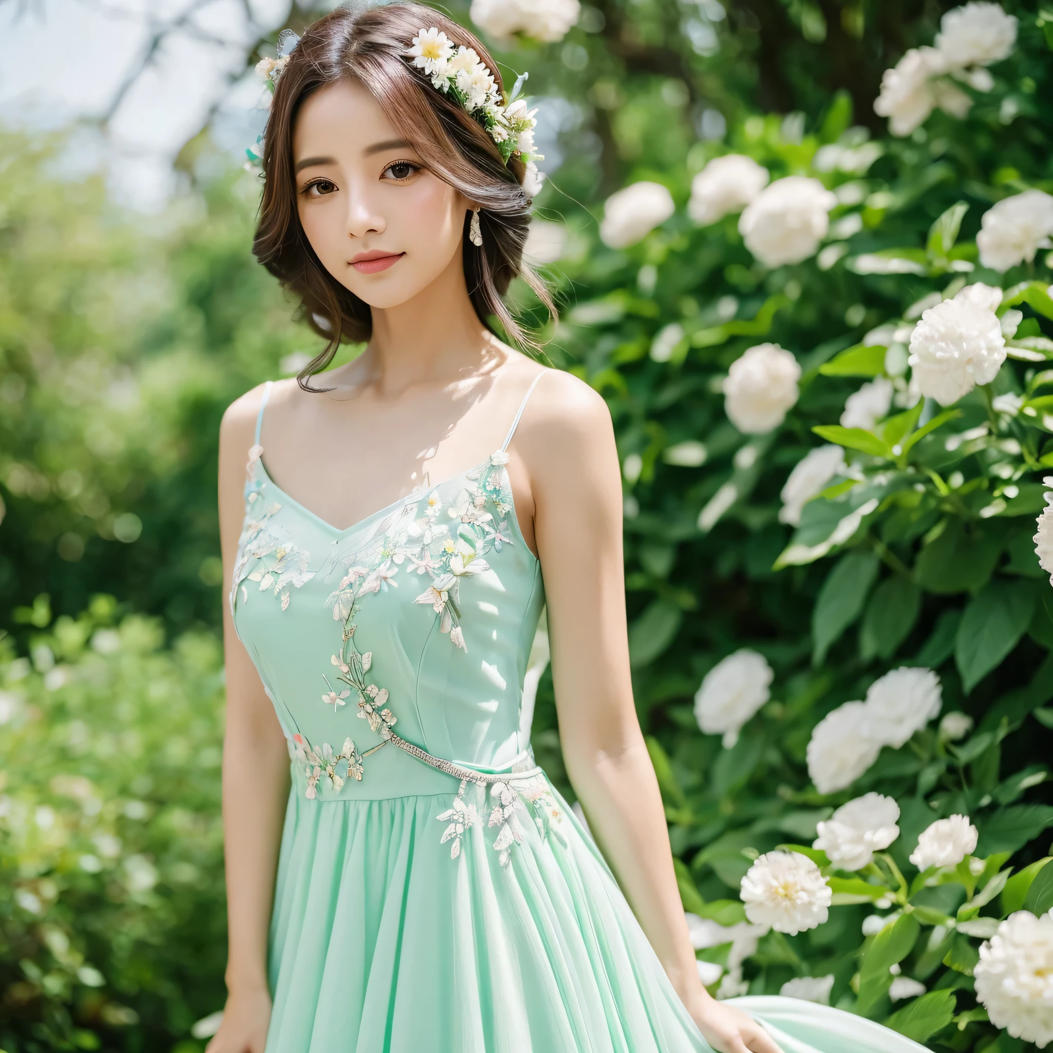 Uma coreana de cabelos longos pretos , olhos azuis, com um vestido branco com detalhes de flores segurando uma flor