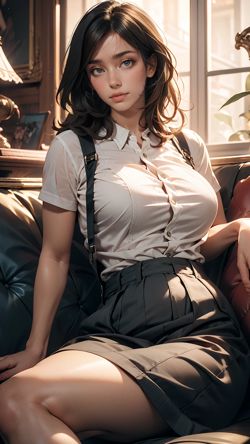 Mature woman lying on sofa, Big black wavy hair, Wear suspenders, Plump figure, Delicate facial features, Realistic image quality, Asian Woman, Age: Approximately 40 years old, Surreal