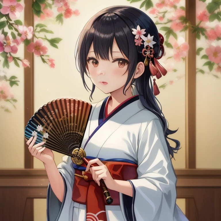 Anime girl in kimono costume has fans、is looking at the camera, in a kimono, in a kimono, Anime visuals of cute girls, Beautiful Anime Portrait, portrait onmyoji, artwork in the style of guweiz, shikamimi, palatial palace ， a girl in hanfu, anime moe art style, guweiz, inspired by Nishikawa Sukenobu