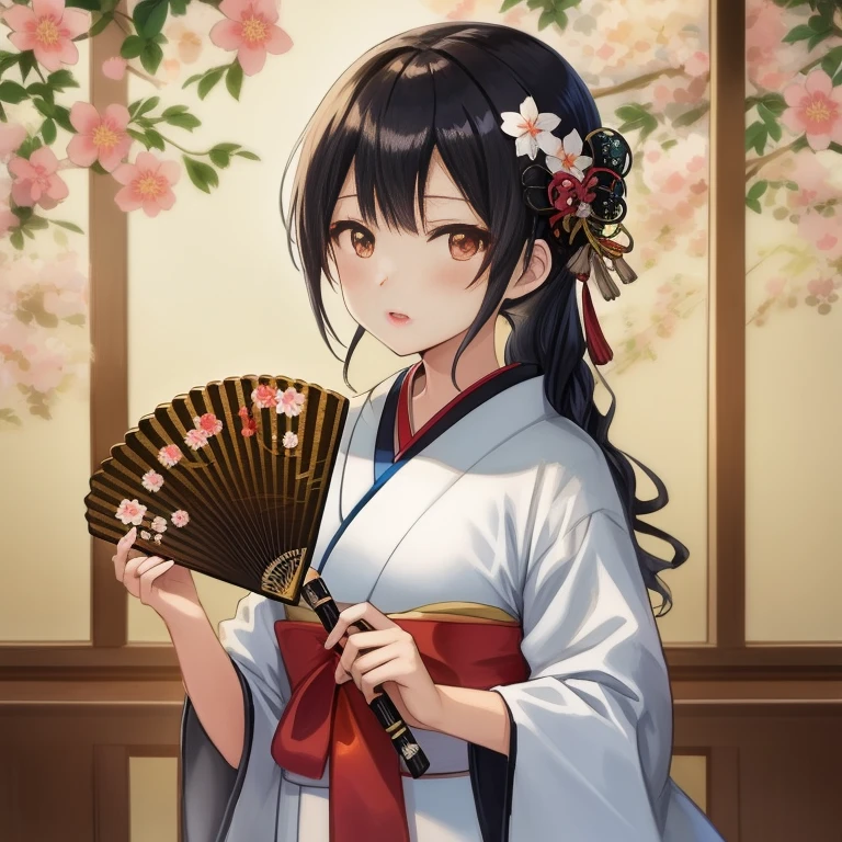 Anime girl in kimono costume has fans、is looking at the camera, in a kimono, in a kimono, Anime visuals of cute girls, Beautiful Anime Portrait, portrait onmyoji, artwork in the style of guweiz, shikamimi, palatial palace ， a girl in hanfu, anime moe art style, guweiz, inspired by Nishikawa Sukenobu
