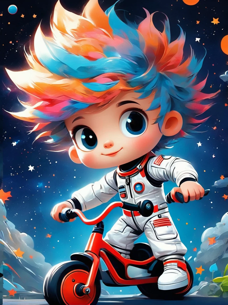 Cartoon graffiti characters,Vector illustration,cinematic film still A visually striking chibi-style astronaut is depicted with remarkable detail, wearing a black tinted visor and a crisp white suit with red straps. This adorable hero is captured riding on a child's tricycle with big grippy tires, exploring the surface of the moon. The background showcases a delightful galaxy filled with stars and cosmic wonder. This conceptual art piece blends anime, photography, illustration, and typography to create a whimsical and imaginative portrayal of space exploration,Add whimsy to the scene,1xhsn1