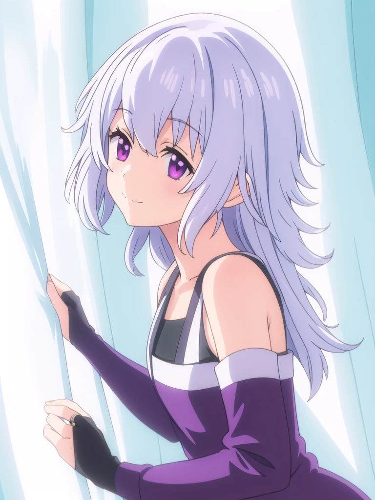 (((Best quality))),((Ultra-detailed)),((illustration)),((Disheveled hair)),((frilld)),(1 girl),
1girl,bare shoulders,breasts,closed mouth,curtain grab,curtains,eyebrows visible through hair,fingerless gloves,from side,gloves,long sleeves,purple eyes,shiny hair,shirt,short hair,silver hair,smile,solo,upper body,yukine chris,