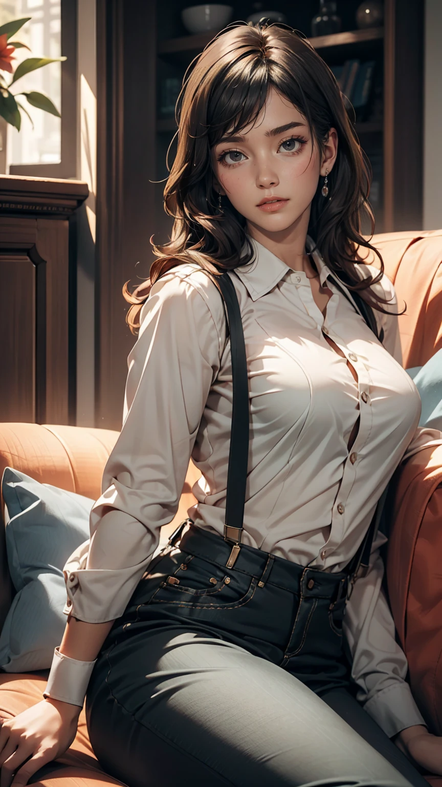 Mature woman lying on sofa, Big black wavy hair, Wear suspenders, Plump figure, Delicate facial features, Realistic image quality, Asian Woman, Age: Approximately 40 years old, Surreal