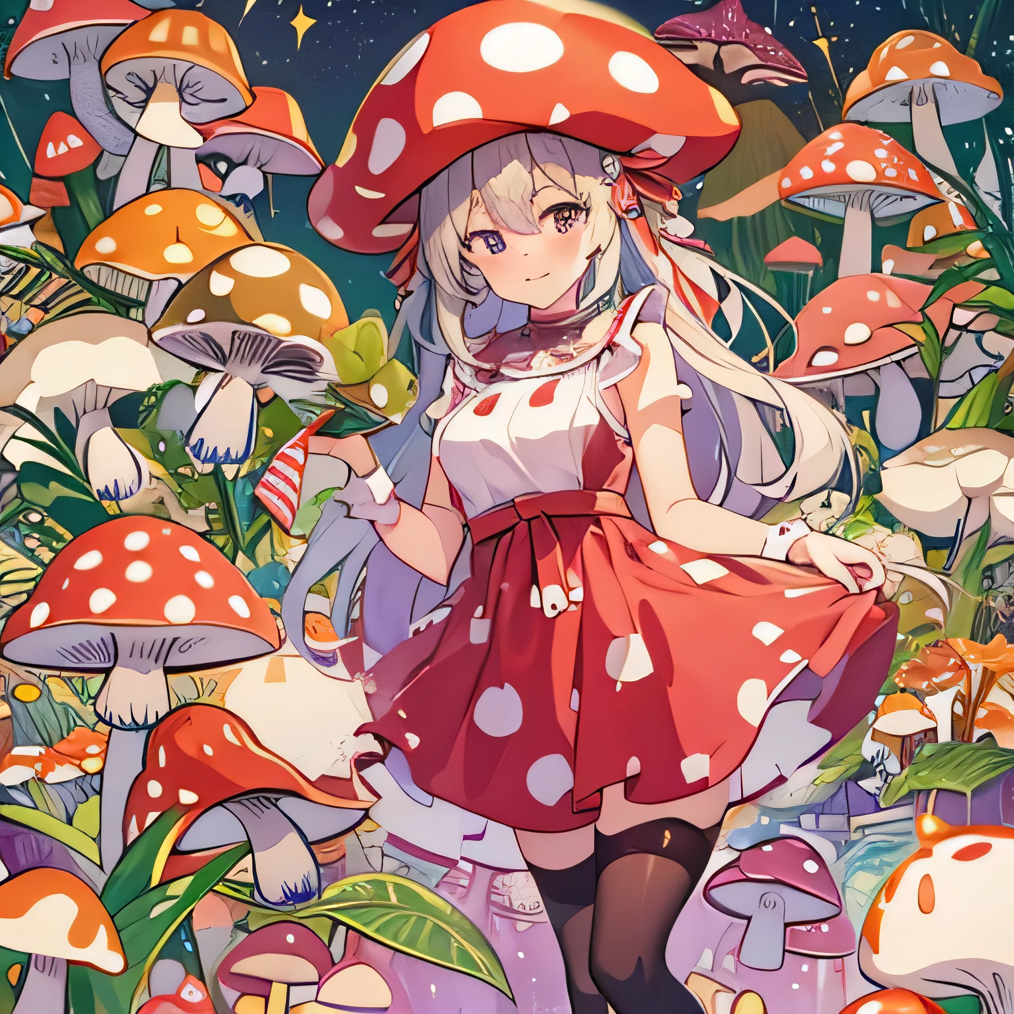 highest quality、 Super quality、 16k、 Very detailed、beautifully、aesthetic:1.2)、A pretty 21 year old girl dancing alone wearing a red and white spotted hat surrounded by colorful mushrooms、Shy smile、Wears a red and white spotted mushroom-shaped hat、Wearing a red and white spotted mushroom-shaped apron