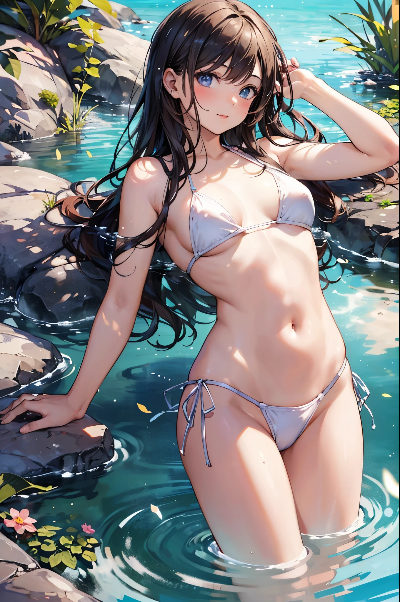 (masterpiece:2.0), (highest quality:2.0), (Soak in a hot spring:1.5), (Tiny white thong bikini:1.5), (Super sexy pose:1.5), (Side view:1.5), (Blushed:1.3), (Cover your chest with your hands:1.3), (Ultra-thin raw land:1.5), (Spilling:1.4), (Realistic:1.5), Under the chest, Side boobs are visible, naked, 1 , Precision small needle, Embarrassed look, A light smile, Look at me and smile, Very cute girl, Innocent face, Young Face, Clear Eyes, Shining Eyes, Small breasts, I can see your shoulders, I can see your belly, I can see her cleavage, I can see your belly, The lower abdomen is visible, I can see your butt, I can see your crotch, No pubic hair, Dynamic pose, Beautiful Skin, Ultra high definition, Highest Resolution, Japanese high school students, Brown Hair