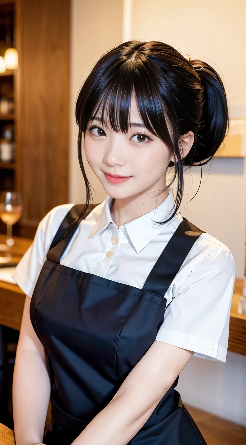 (highest quality,masterpiece:1.3,Ultra-high resolution,),(Very detailed,Caustics),(Realistic:1.4,RAW shooting,)Ultra-Realistic Capture,Very detailed,High resolution 16K human skin closeup。 Natural skin texture、,pores、、、、It must be detailed enough to be easily identifiable。 Skin tone is even and healthy looking。 Use natural light and color,restaurant,Waitress Uniform,1 girl,Japanese,18-year-old,cute,Black-haired,ponytail,Big Breasts,smile,Turn your body forward,(Front view:1.1),Looking into the camera,Cowboy Shot,