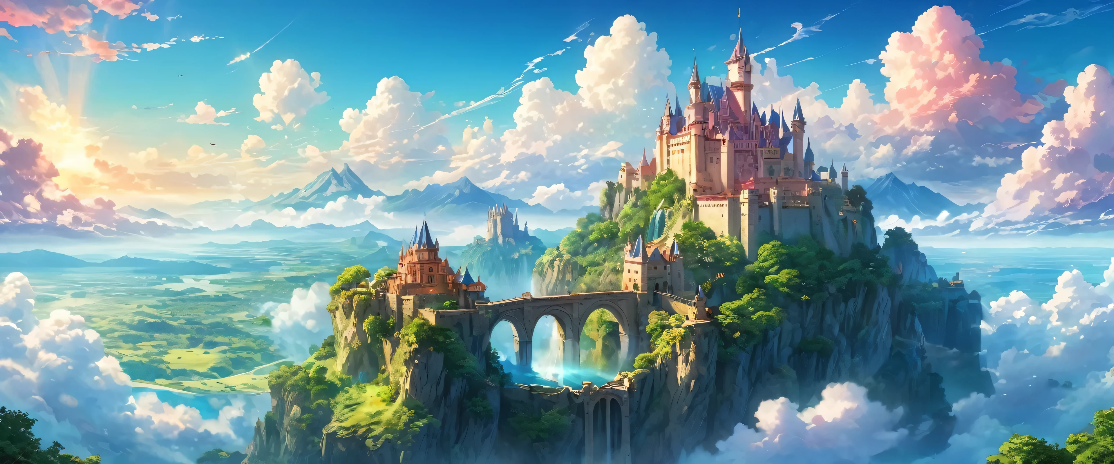 (anime, fantasy, landscape), (masterpiece, best quality, high resolution, HDR:1.2), extremely delicate and beautiful, illustration, vibrant colors, (fantasy landscape), A mesmerizing fantasy with enchanting elements blending seamlessly. (a castle in the sky island, majestic, clouds)