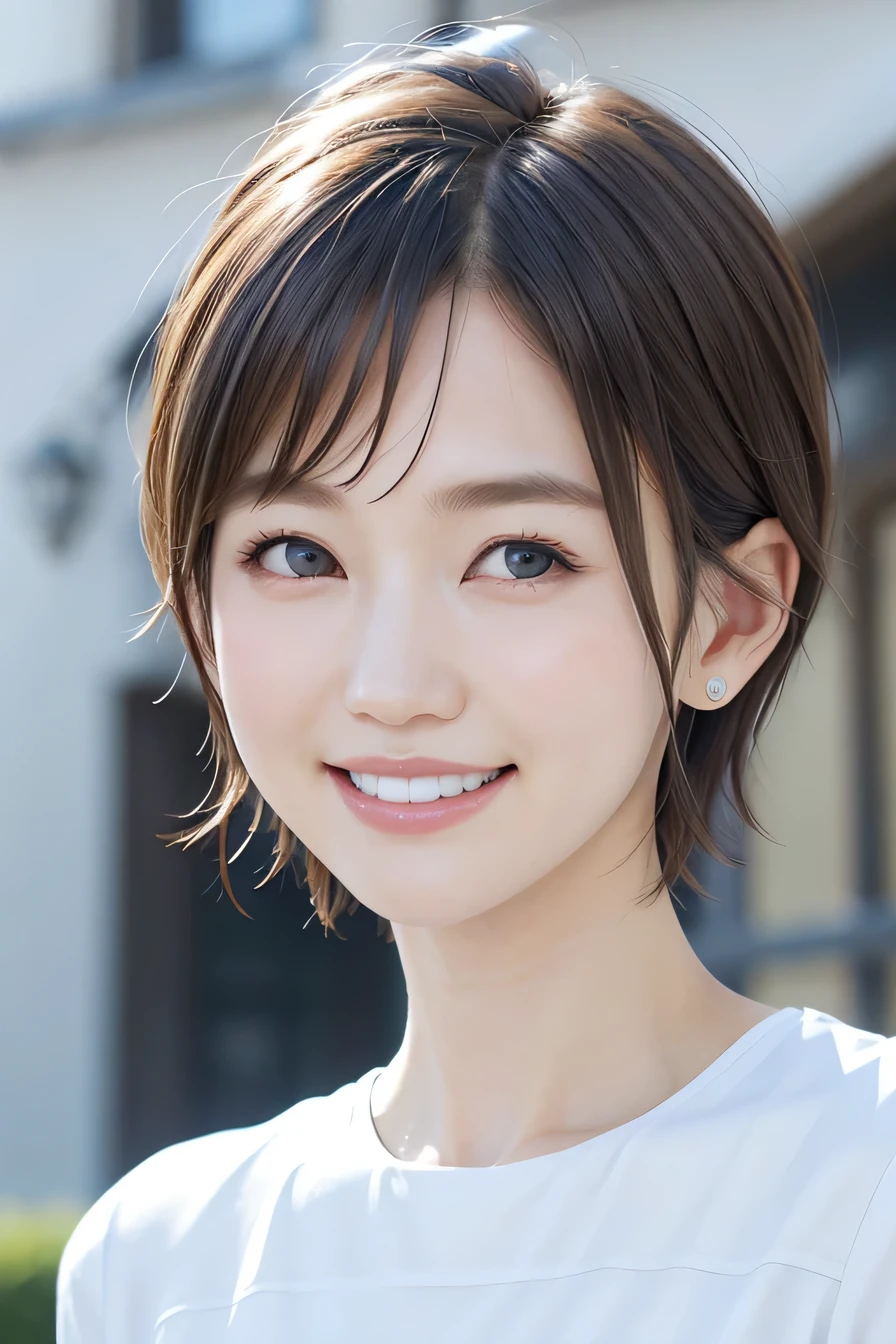 205 ((short hair)), 17Old woman, GJean、shirt、smile、Beautiful teeth alignment、Black Hair、ear piercing、Looking into the camera, The background is the town
