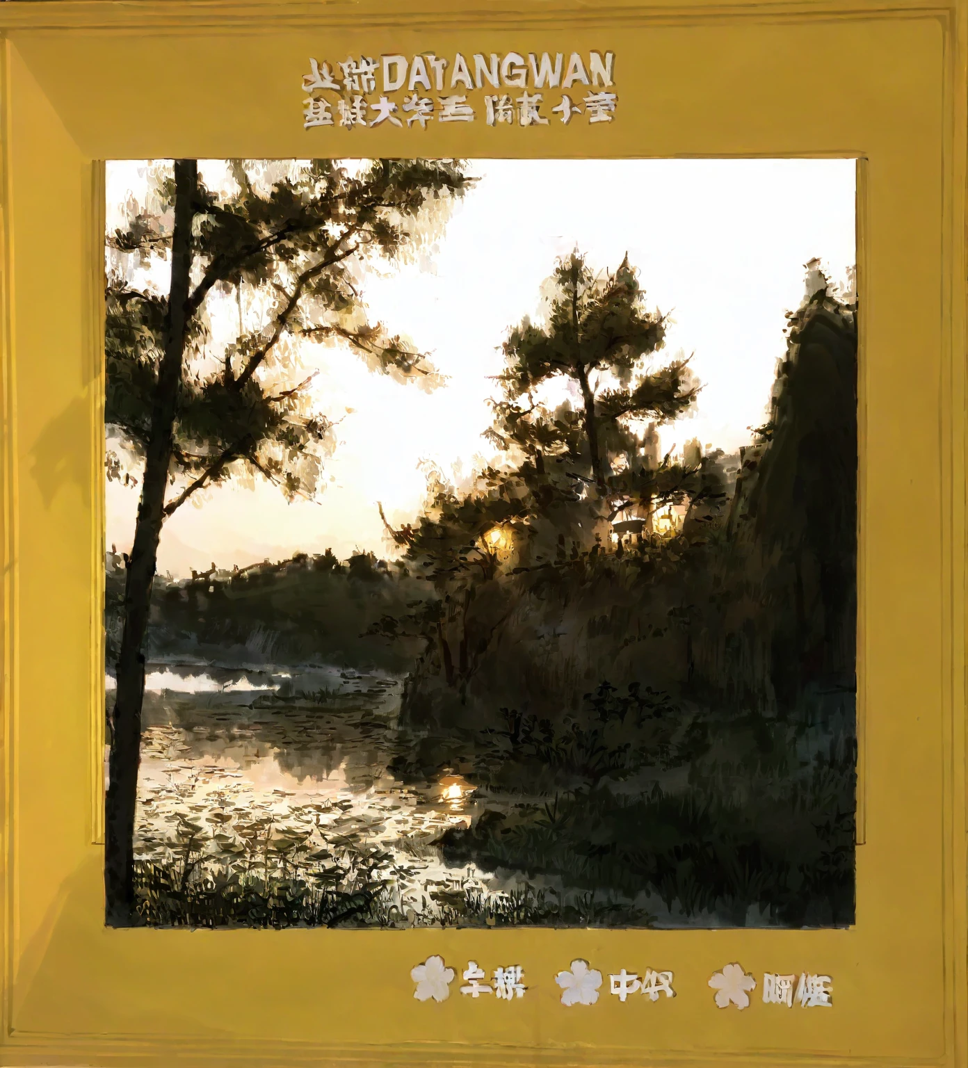 这是一张夕阳下的湖泊逆光FreehandInk Painting,Freehand，（（Ink Painting ））Detailed scenery author：Yi Zai Guan, inspired by：Dong Yuan, Inspired International Art Exhibition Award-winning Works，