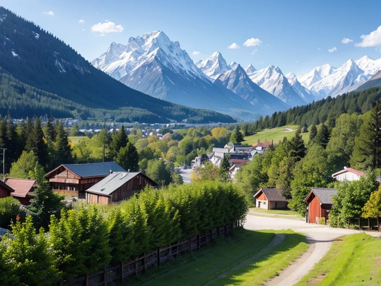 Tiny quaint Eastern European style village. in a green field, with Alaskan pine trees, and snowy mountains in the background. Old world feel.