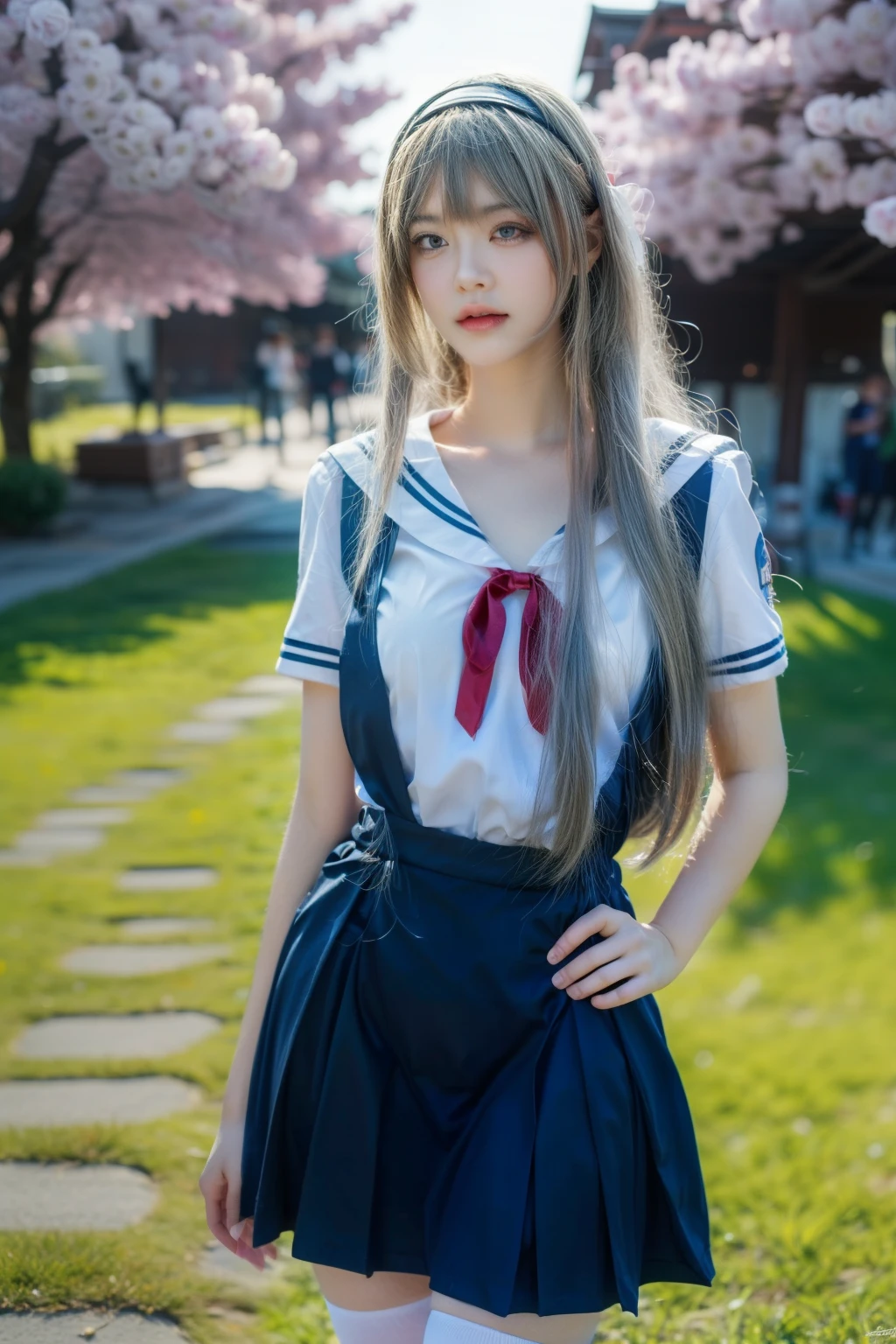 ultra-detailed,highly detailed,best quality,masterpiece,illustration,realistic,photorealistic,
clannad, hikarizaka private high , summer uniform, 
1girl, solo, cosplay, 
serafuku, short sleeves shirt, sailor collar, suspender skirt, thighhighs, neck ribbon, 
bangs, hair ornament, very long hair, grey hair, hairband,
looking at viewer, standing, cowboy shot, 
outdoors, photo background, plant, day, cherry blossoms, falling petals, wind,
((perfect eyes, detailed eyes,realistic eyes)), ((sharp face, detailed face, realistic face, natural skin, realistic skin, detailed skin, pores)), ((perfect body, detailed body, realistic body, big proportions)) 