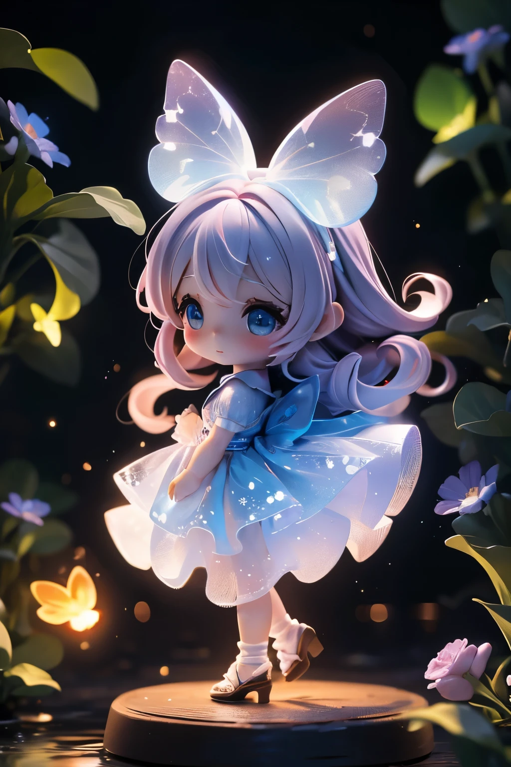 Photorealistic、Chibi Girl Doll（Enjoy the night view from the riverside、firefly、Bioluminescence）