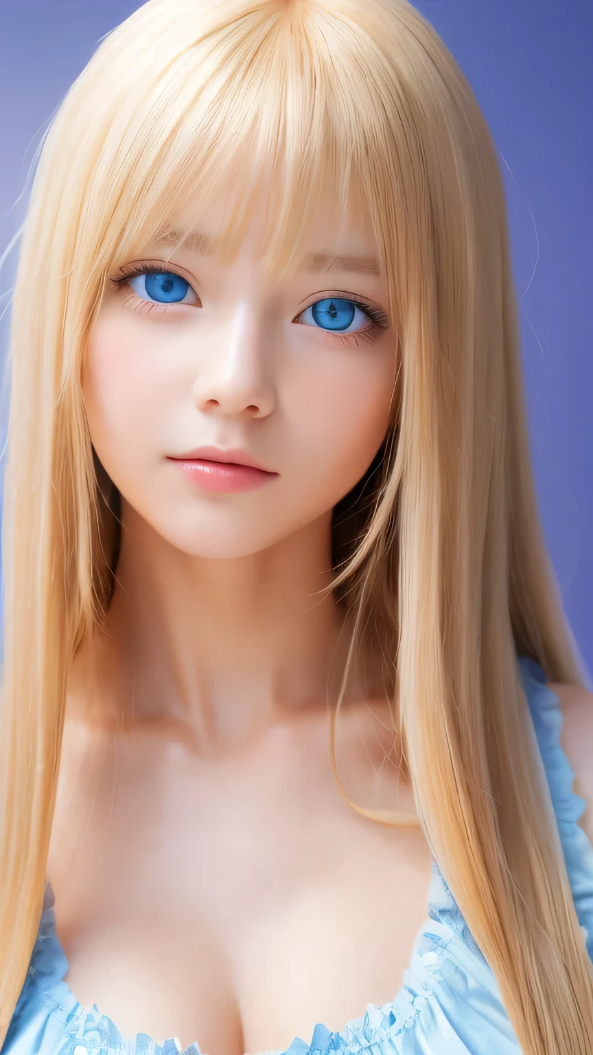 Face focus, Crazy for love, , Frilled Summer Dress, Very beautiful blonde Scandinavian girl, Very white and shiny skin、Overwhelmingly beautiful, Beautiful shiny super long straight blonde silky hair、Blonde bangs over the eyes、Blonde hair over one eye、Blonde hair between the eyes、Has cleavage, Arms behind head, Low contrast, (Shy and cheerful expression:0.8), Hair Scrunchie, highest quality, Ultra-high resolution, Realistic photos, Very detailed, 8K, Raw photo, Perfect Anatomy、so beautiful, The Shining, Very bright light blue eyes、Very big eyes、Small Face Beauty