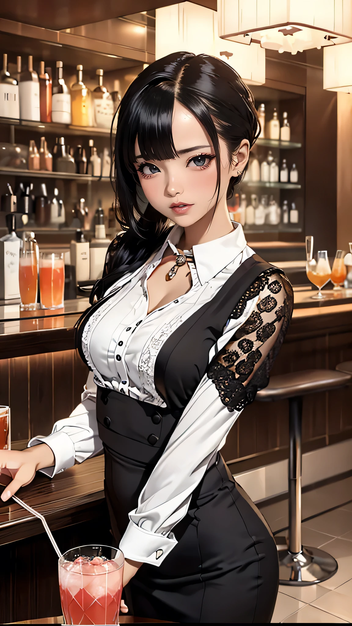 (hotel bar counter,female bartender,(shake a cocktail)),white blouse,(ebony skin:1.2),(Thin type:1.8),(big breasts),(random hairstyle),(Highest image quality,(8k),ultra-realistic,best quality, high quality, high definition, high quality texture,high detail,beautiful detailed,fine detailed,extremely detailed cg,detailed texture,a realistic representation of the face,masterpiece,Sense of presence)