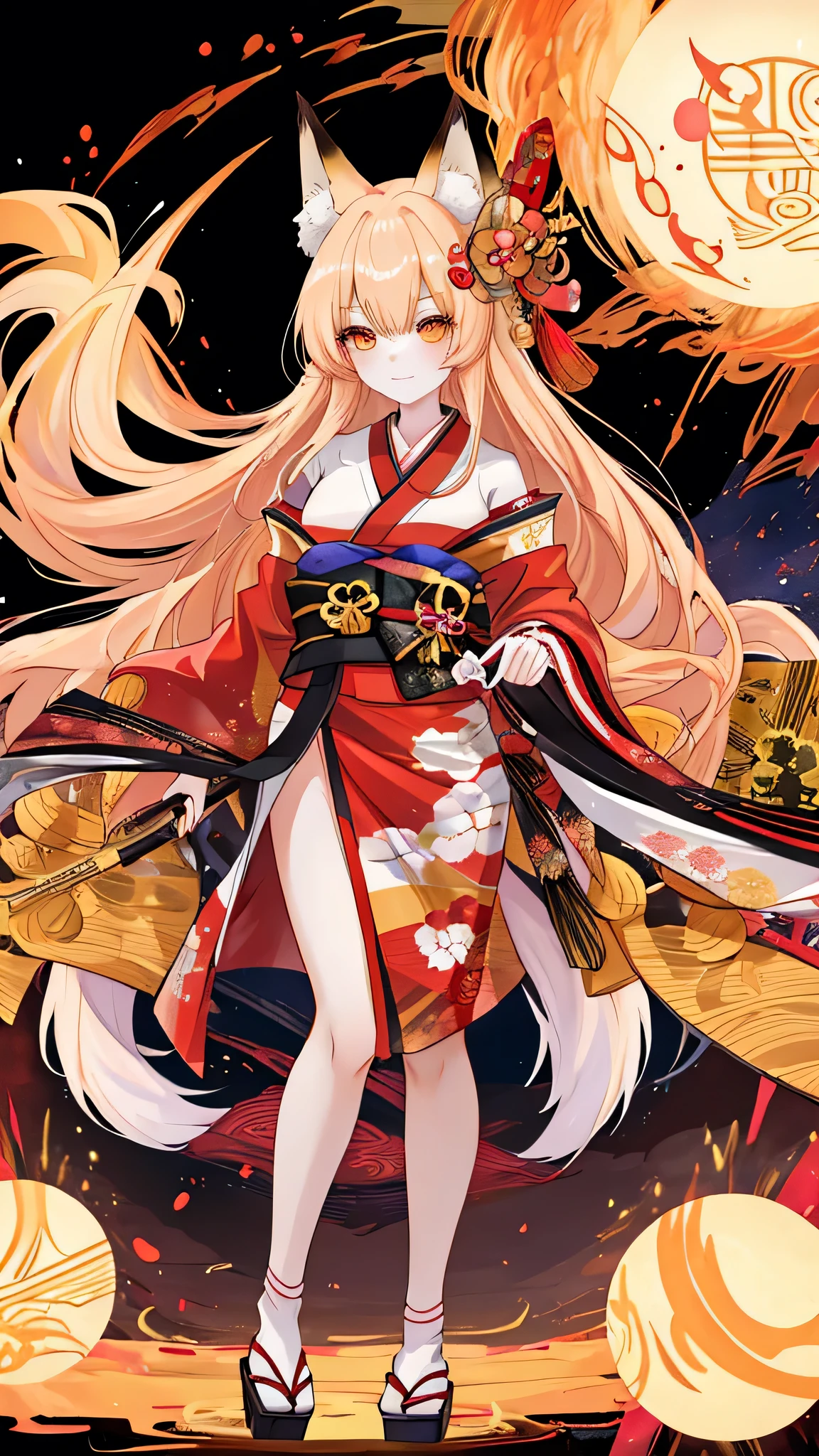 “A full-body illustration of a fox girl wearing a fox mask and a traditional kimono. She has long, golden hair that flows down to her waist. A Japanese sword is sheathed at her waist. In the background, ethereal fireballs float, illuminating the scene. The image should be high resolution and capture the intricate details of her attire, fox features, and surroundings.”