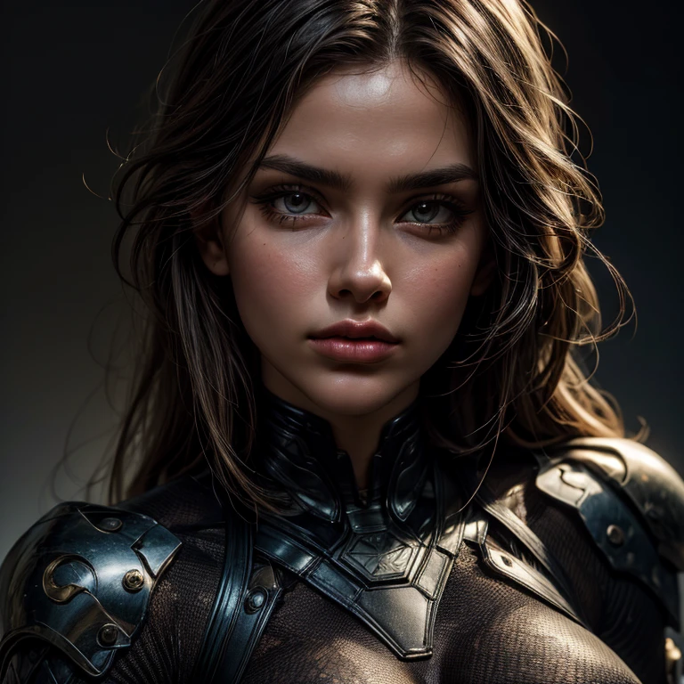 Detailed close-up portrait of a stunningly beautiful woman in tight combat clothing、Confident expression、Camouflage bodysuit-like combat suit:1.5、Super detailed、8k、Photorealistic、Cinematic lighting、Dramatic composition、Dynamic pose、Glowing Skin、Sharp Eye、Full lips、Intricate details、Realistic Textures