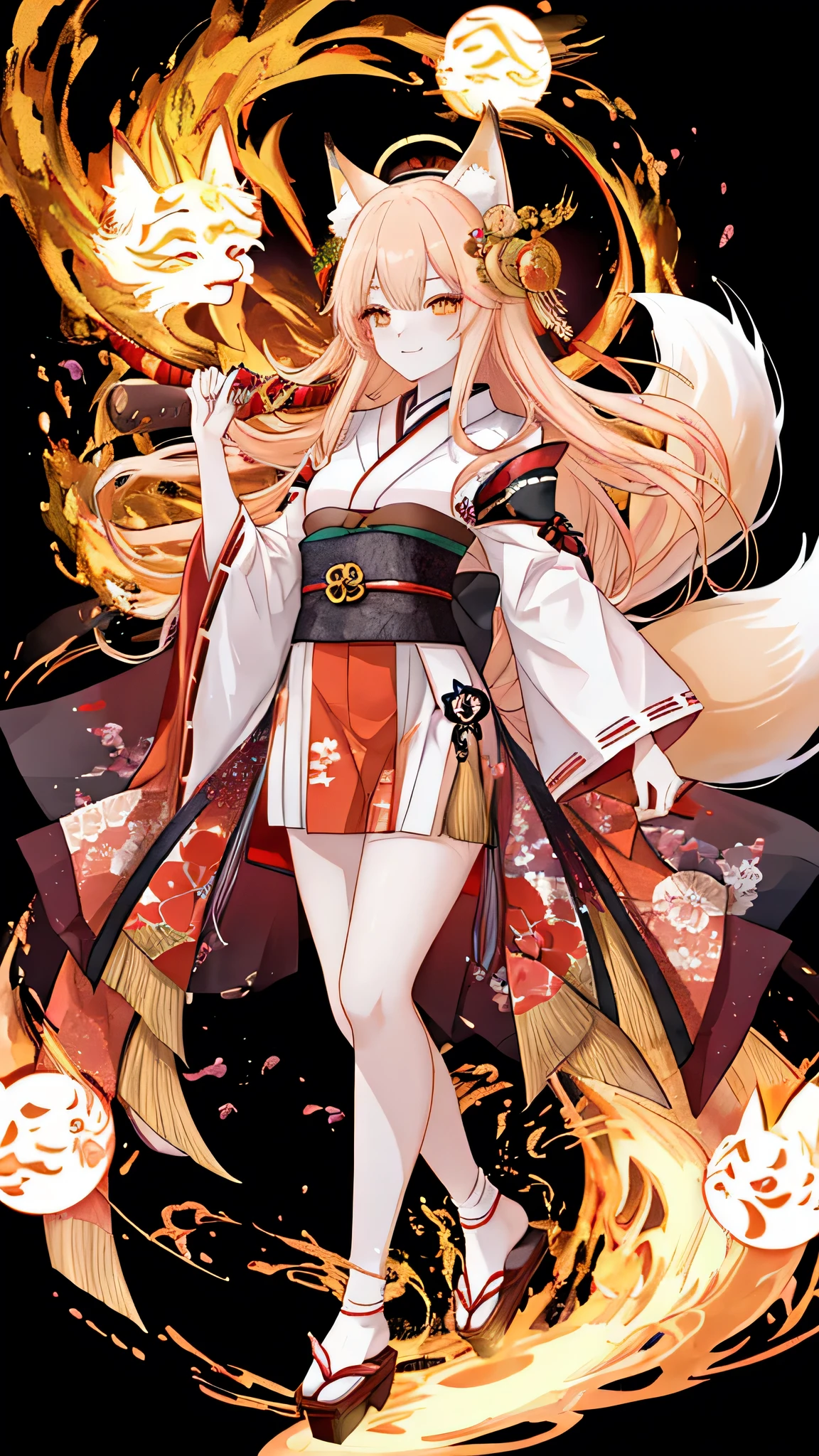 “A full-body illustration of a fox girl wearing a fox mask and a traditional kimono. She has long, golden hair that flows down to her waist. A Japanese sword is sheathed at her waist. In the background, ethereal fireballs float, illuminating the scene. The image should be high resolution and capture the intricate details of her attire, fox features, and surroundings.”