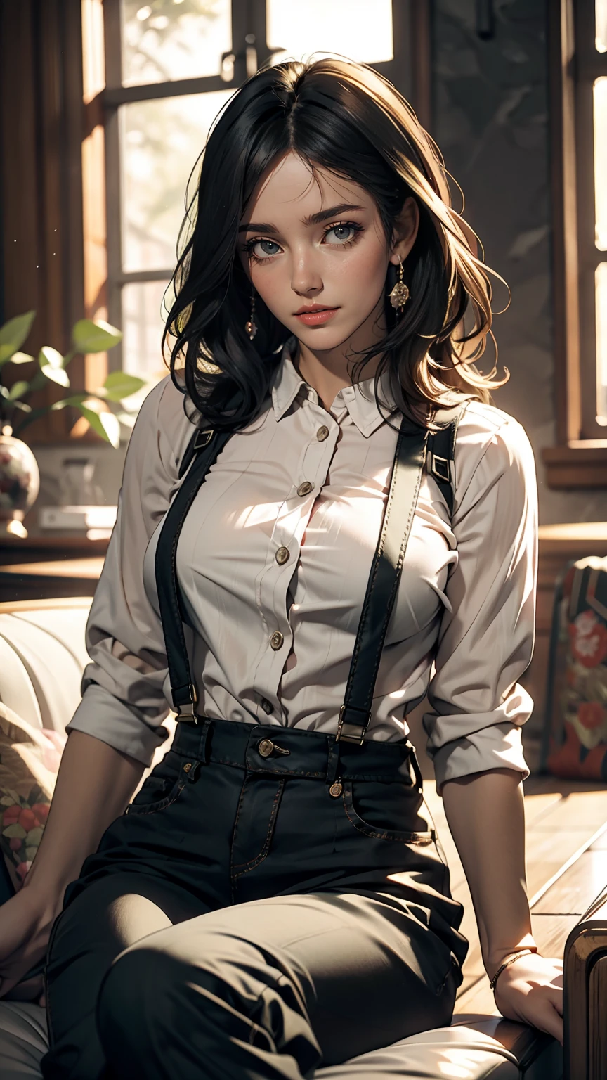 Mature woman lying on sofa, Big black wavy hair, Wear suspenders, Plump figure, Delicate facial features, Realistic image quality, Asian Woman, Age: Approximately 40 years old, Surreal