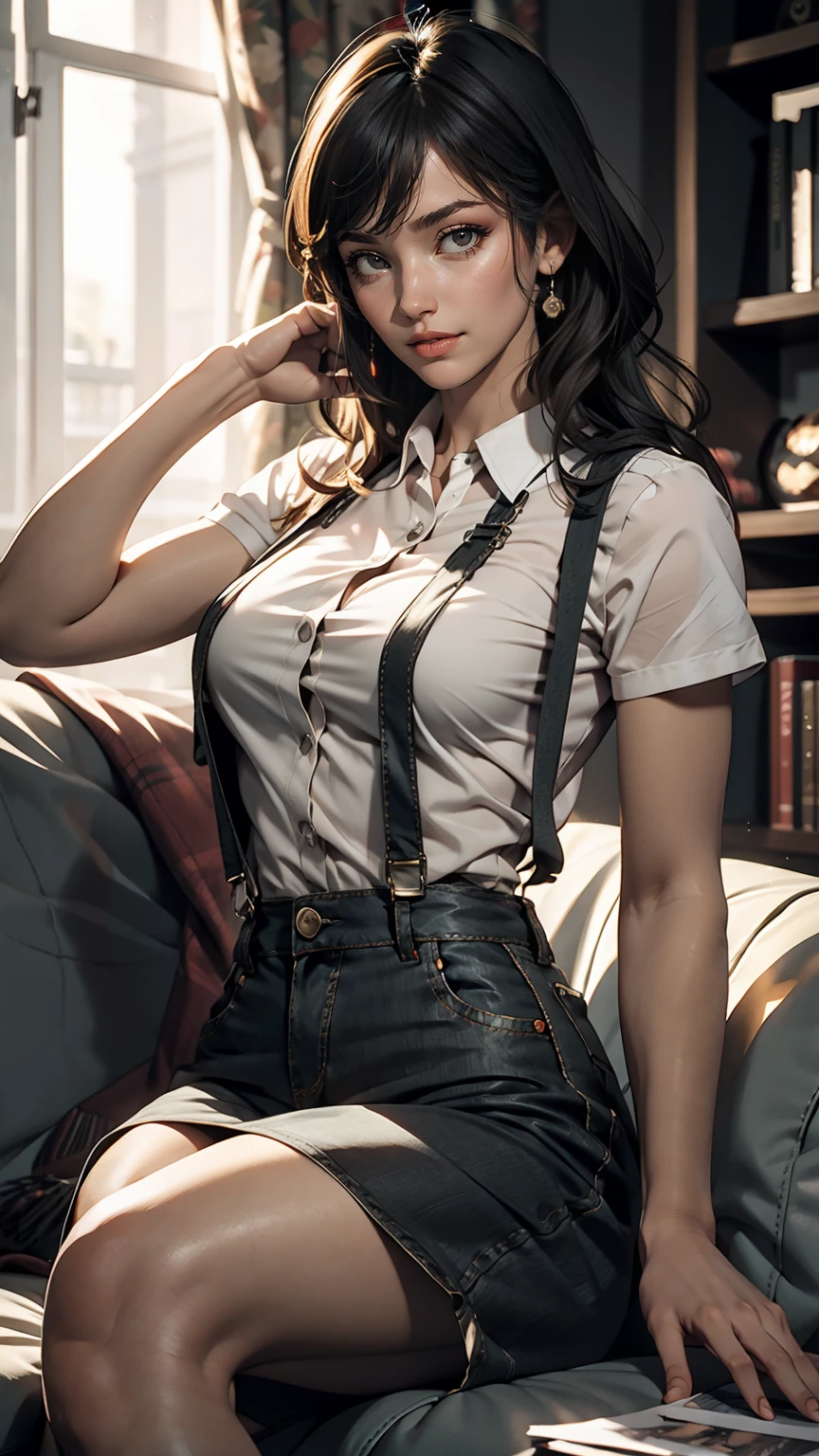 Mature woman lying on sofa, Big black wavy hair, Wear suspenders, Plump figure, Delicate facial features, Realistic image quality, Asian Woman, Age: Approximately 40 years old, Surreal