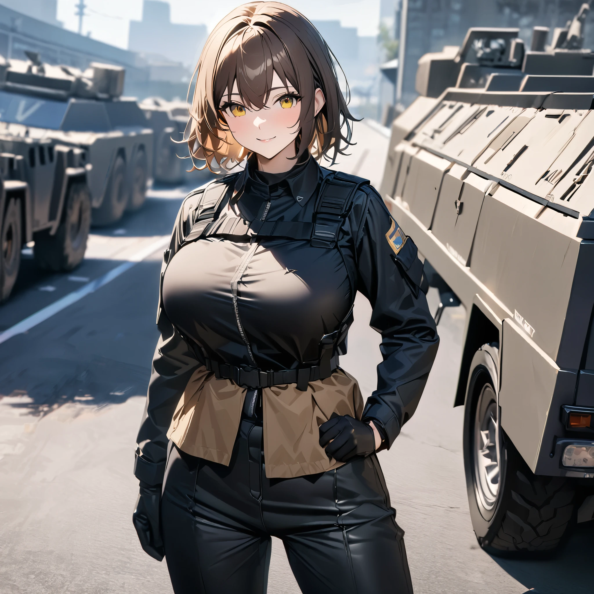 A woman wearing a black S.W.A.T uniform, black boots, with a black vest with S.W.A.T writing perfectly, short brown hair, yellow eyes, smiling, in a parking lot, standing near a S.W.A.T armored car, black gloves, big breasts, daytime location.shadow, flower, UHD, masterpiece, accurate, anatomically correct, textured skin, super detail, high quality, best quality, 8k, high resolution, bokeh effect.( solo woman)
